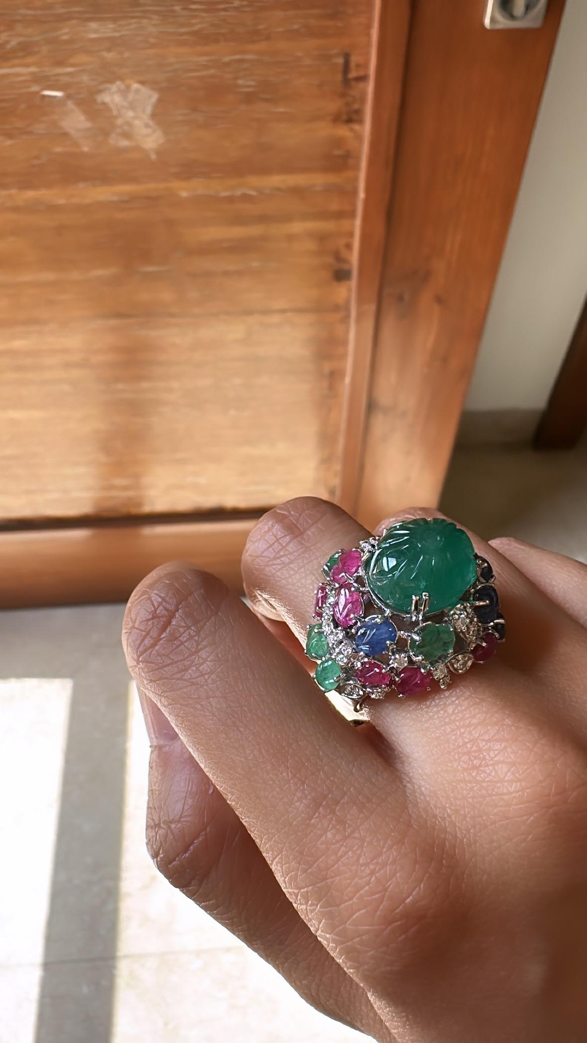 carved Zambian Emerald, Blue Sapphire, Ruby & Diamond Tutti Frutti Cocktail Ring For Sale 2