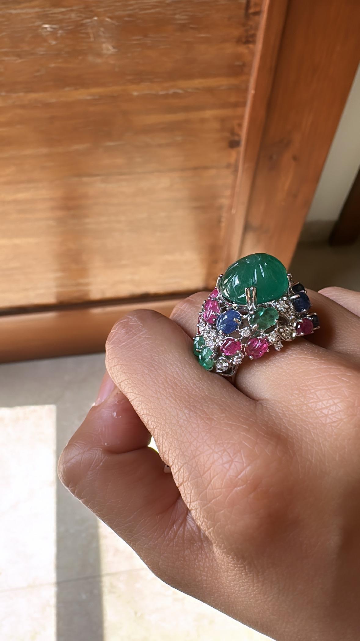carved Zambian Emerald, Blue Sapphire, Ruby & Diamond Tutti Frutti Cocktail Ring For Sale 3