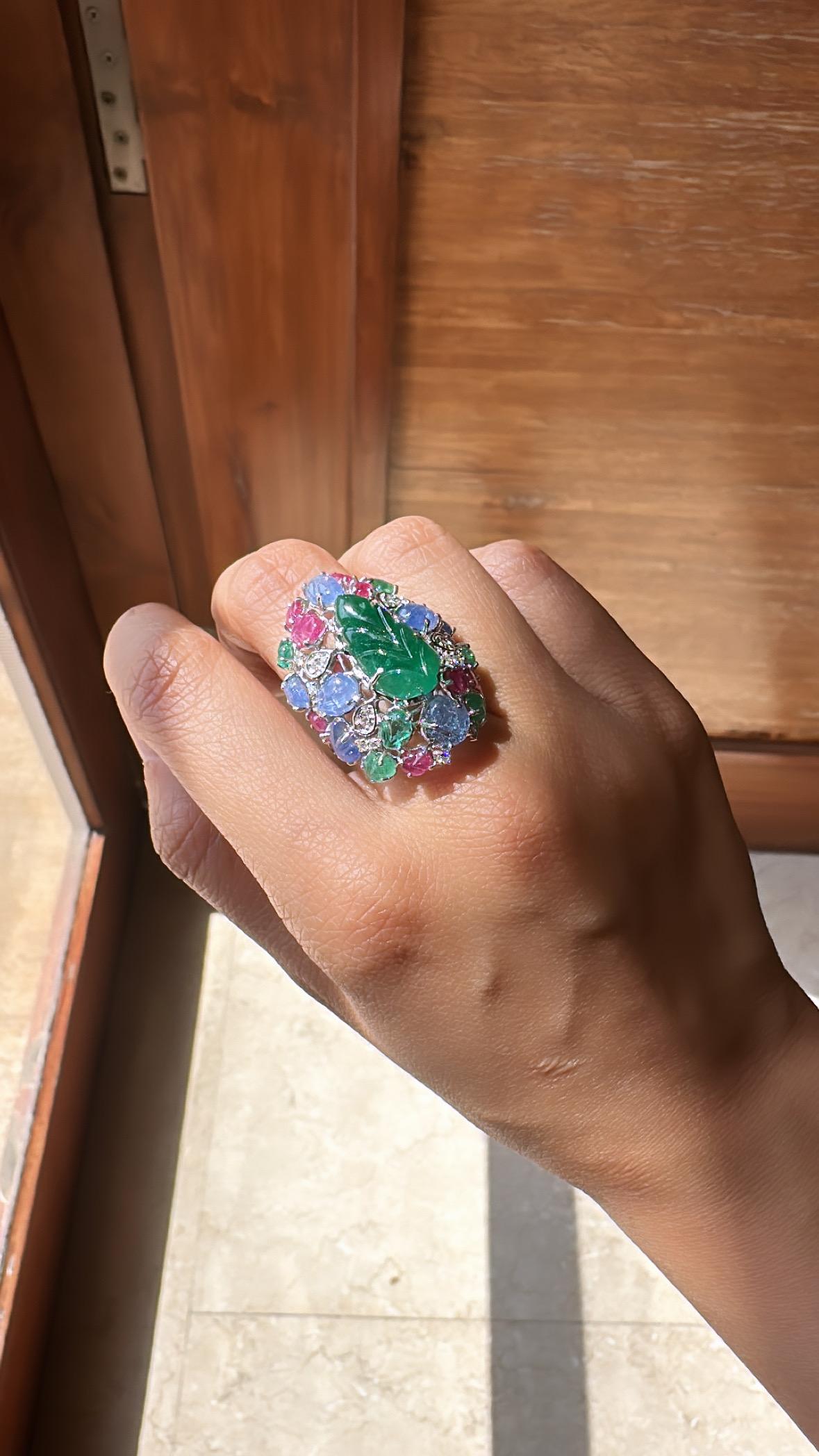 Carved Zambian Emerald, Blue Sapphire, Ruby & Diamond Tutti Frutti Cocktail Ring For Sale 3