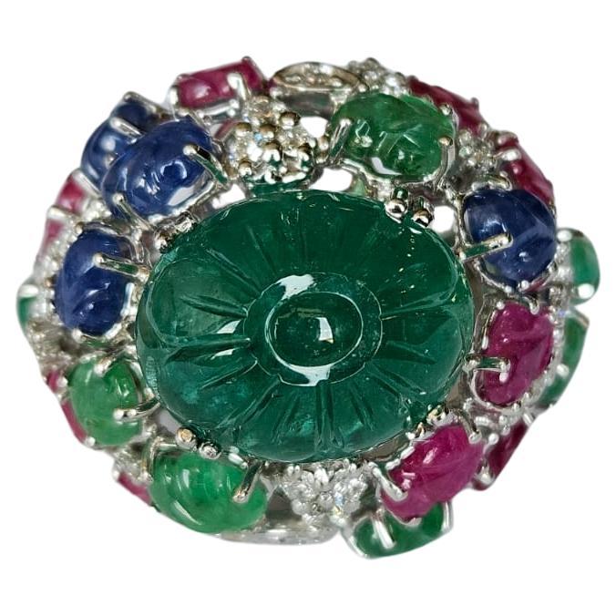 carved Zambian Emerald, Blue Sapphire, Ruby & Diamond Tutti Frutti Cocktail Ring For Sale