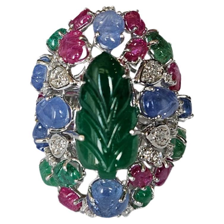 Carved Zambian Emerald, Blue Sapphire, Ruby & Diamond Tutti Frutti Cocktail Ring For Sale