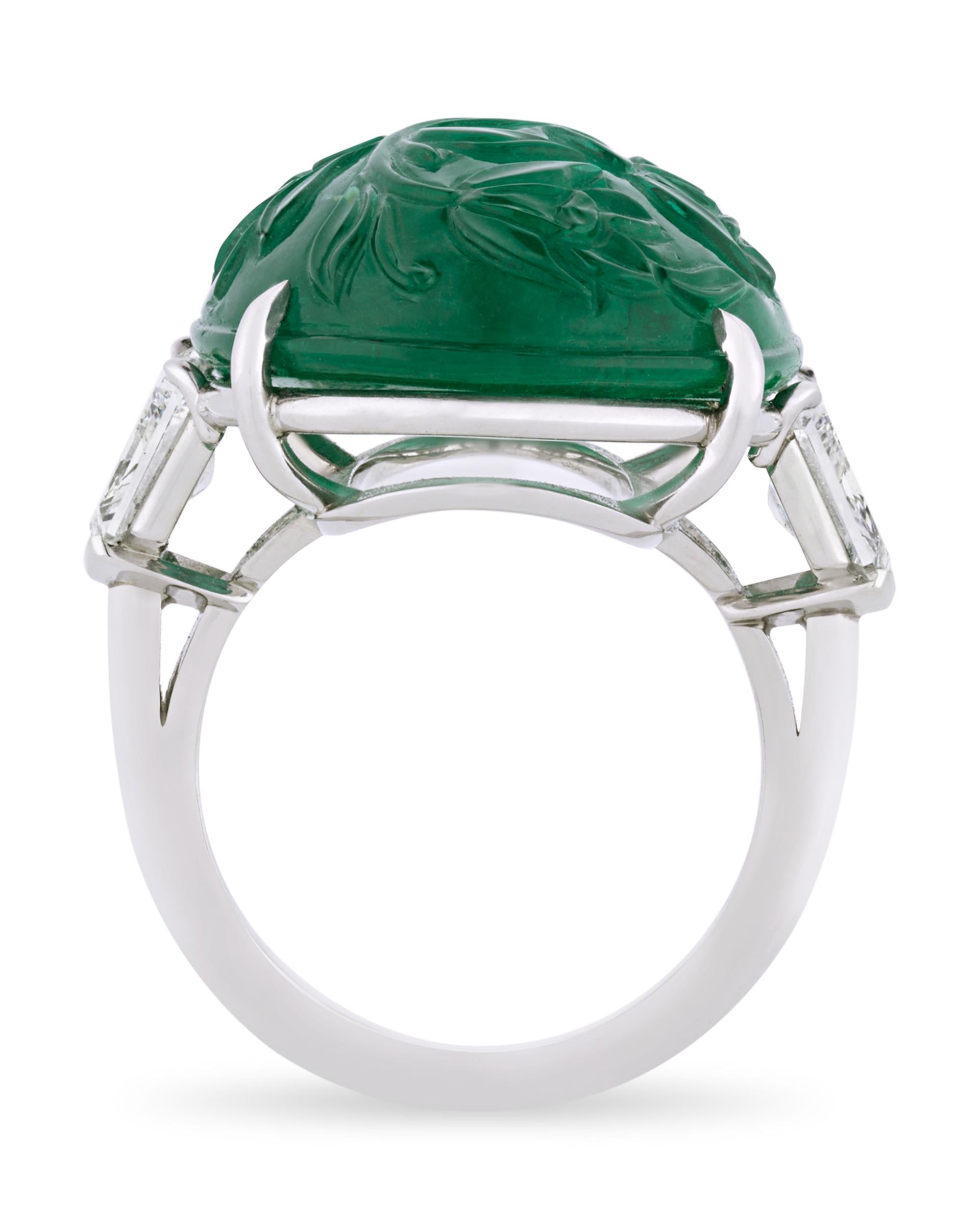 Contemporary Carved Zambian Emerald Ring, 24.05 Carats