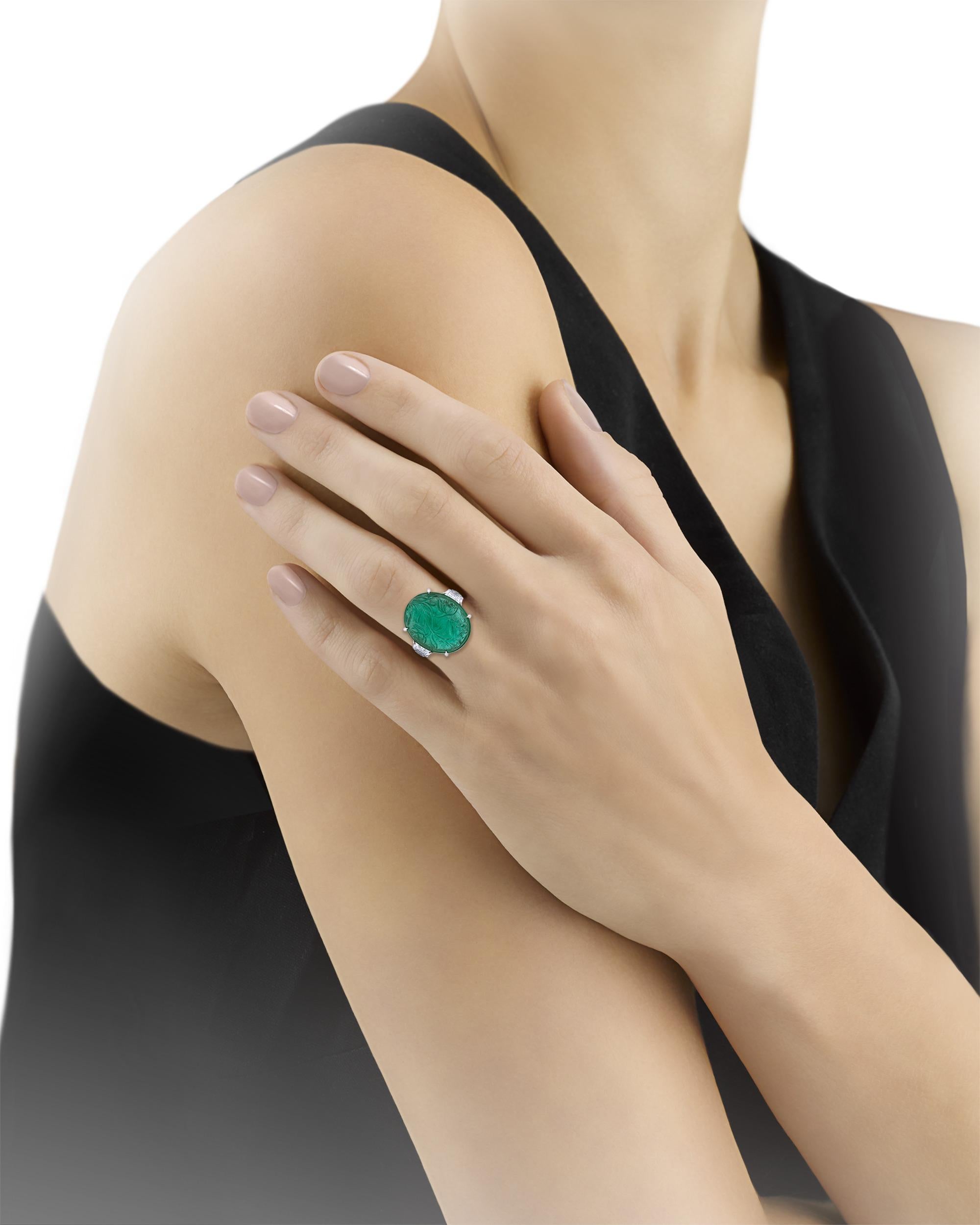 Uncut Carved Zambian Emerald Ring, 24.05 Carats