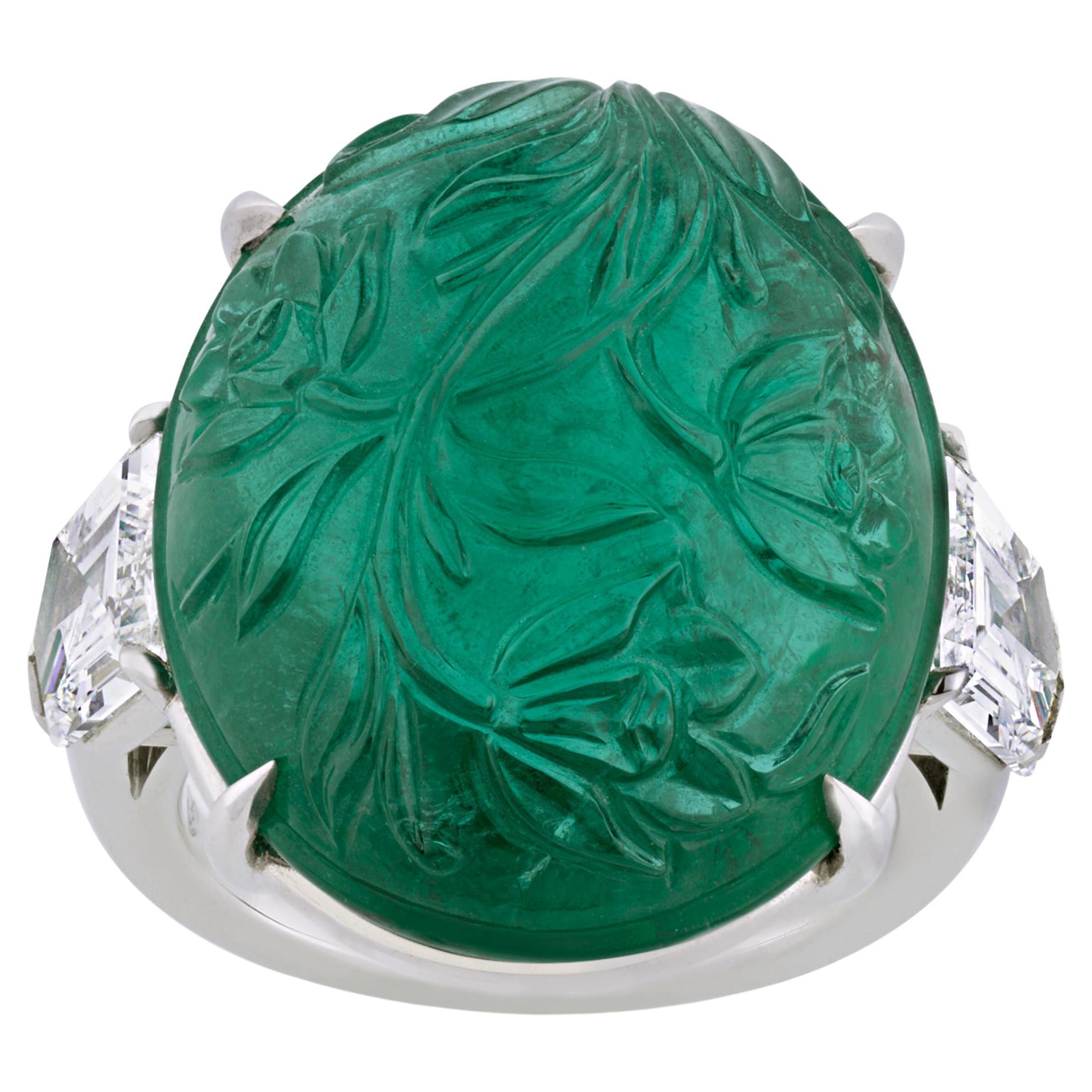 Carved Zambian Emerald Ring, 24.05 Carats