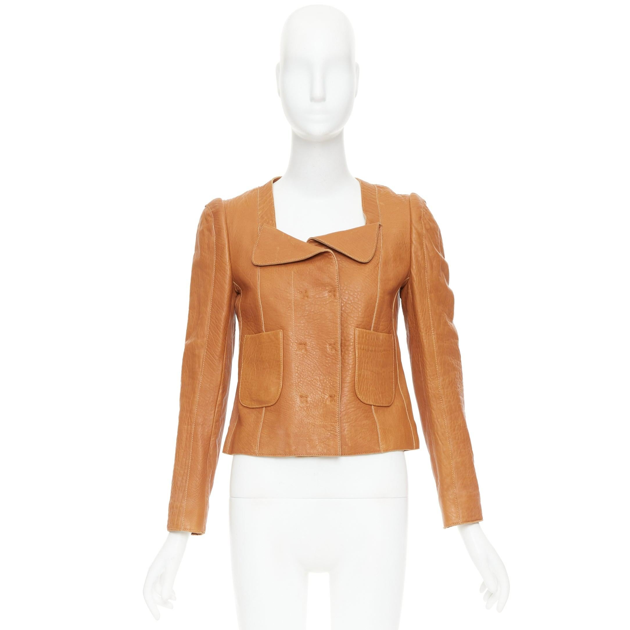 Carven 2011 tan brown pebble textured leather square neck crop jacket FR38 M en vente 5