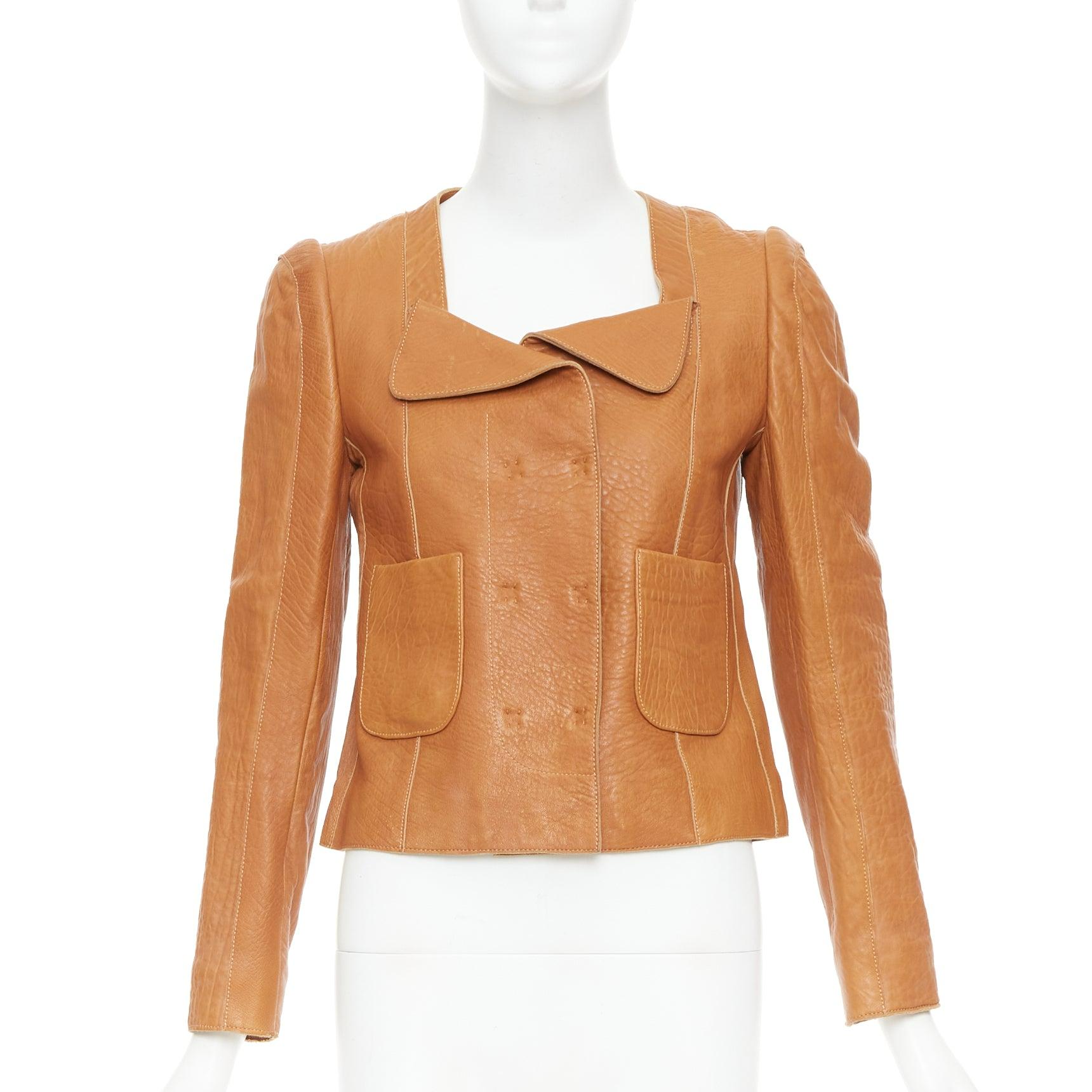 Marron Carven 2011 tan brown pebble textured leather square neck crop jacket FR38 M en vente