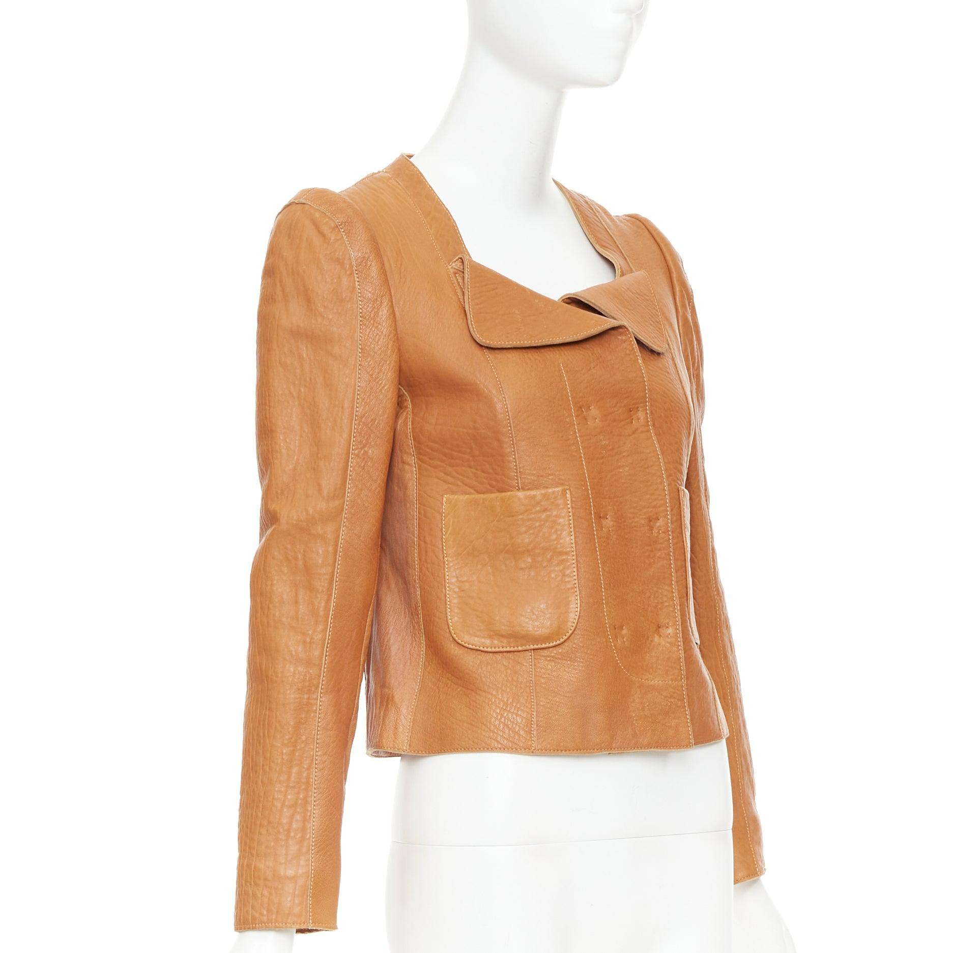 Carven 2011 tan brown pebble textured leather square neck crop jacket FR38 M Bon état - En vente à Hong Kong, NT