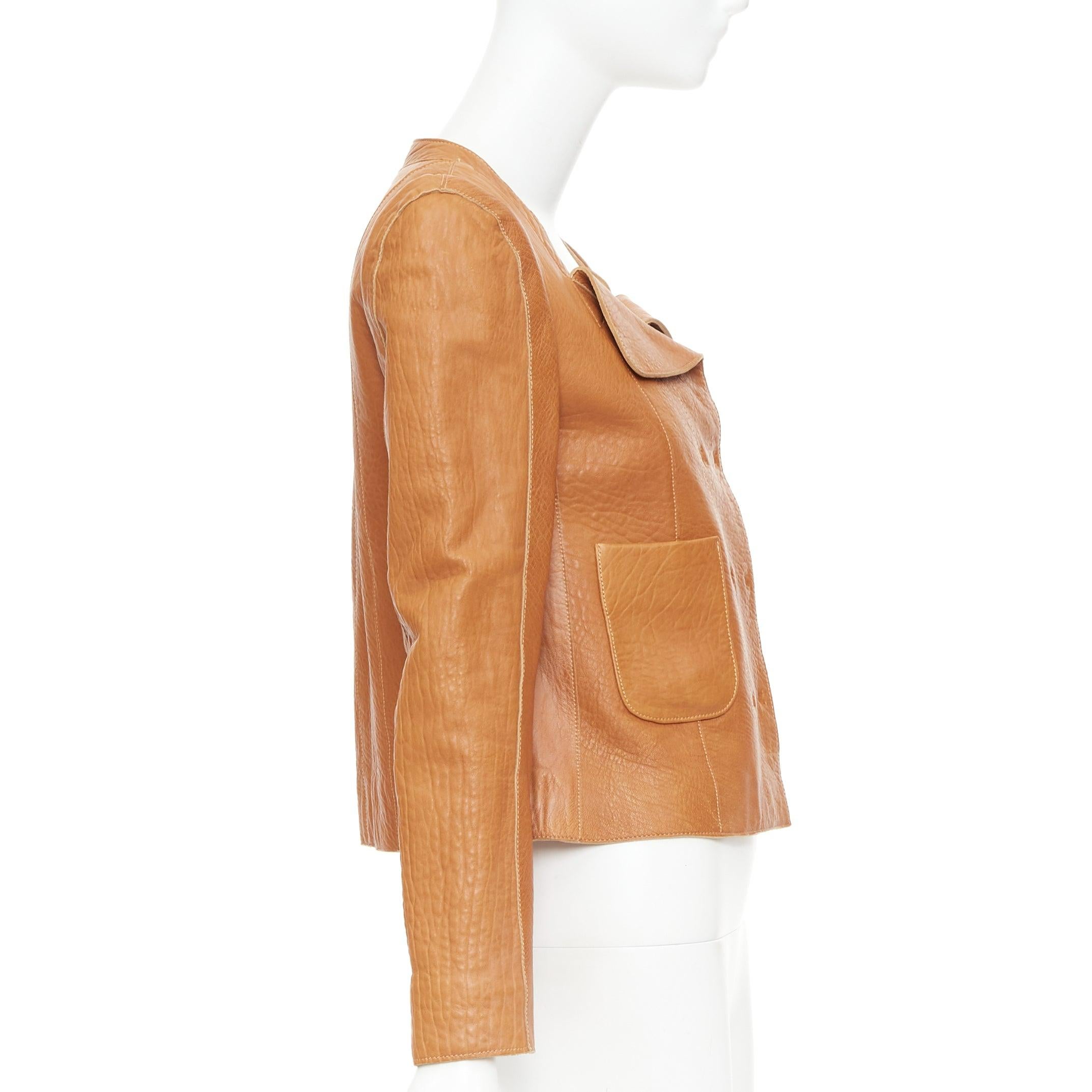 Carven 2011 tan brown pebble textured leather square neck crop jacket FR38 M Pour femmes en vente