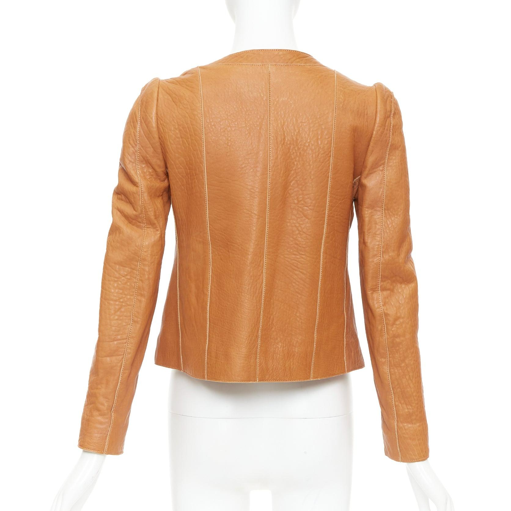 Carven 2011 tan brown pebble textured leather square neck crop jacket FR38 M en vente 1