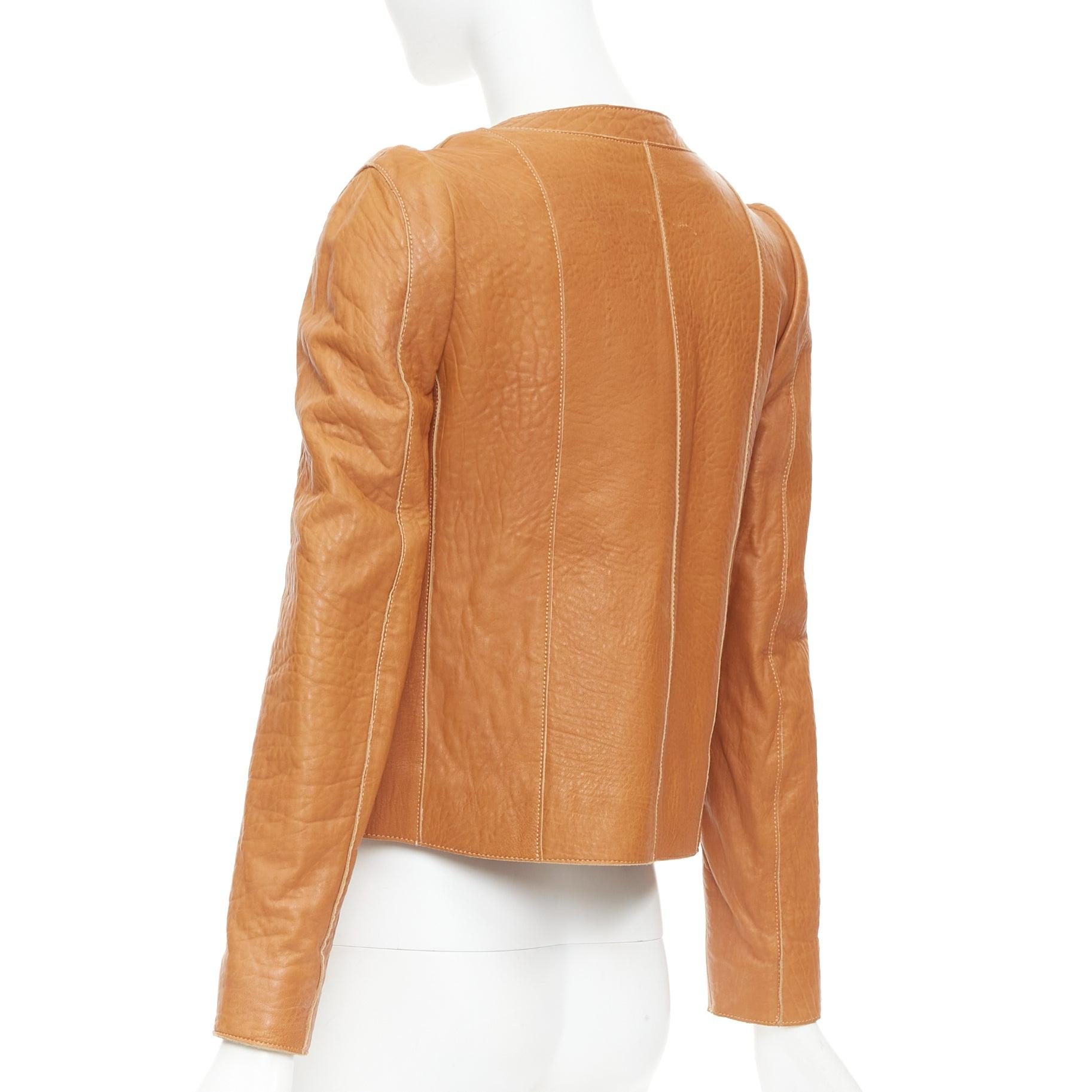 Carven 2011 tan brown pebble textured leather square neck crop jacket FR38 M en vente 2