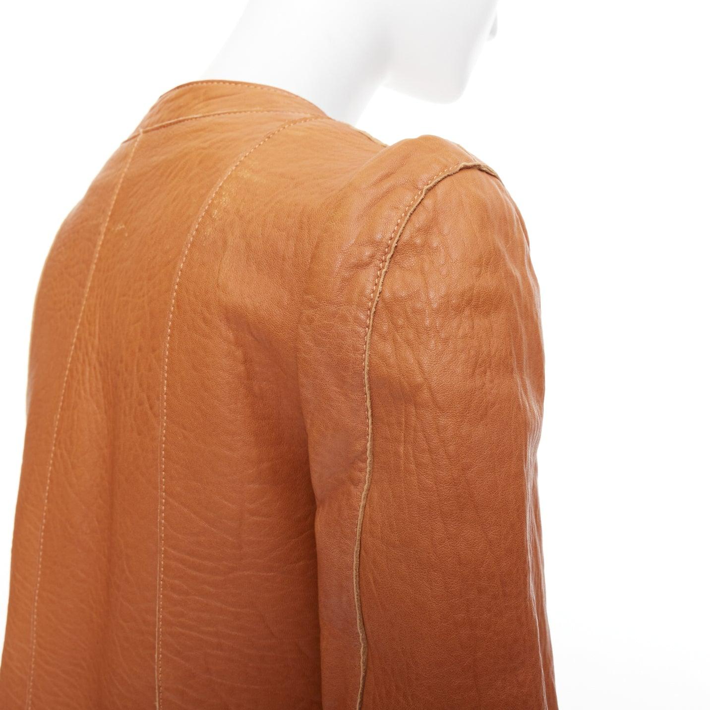 Carven 2011 tan brown pebble textured leather square neck crop jacket FR38 M en vente 3