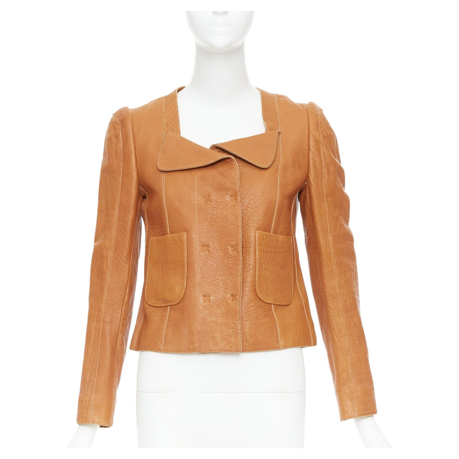 CARVEN 2011 tan brown pebble textured leather square neck crop jacket FR38 M