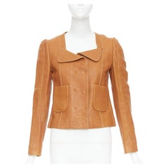 CARVEN 2011 tan brown pebble textured leather square neck crop jacket FR38 M