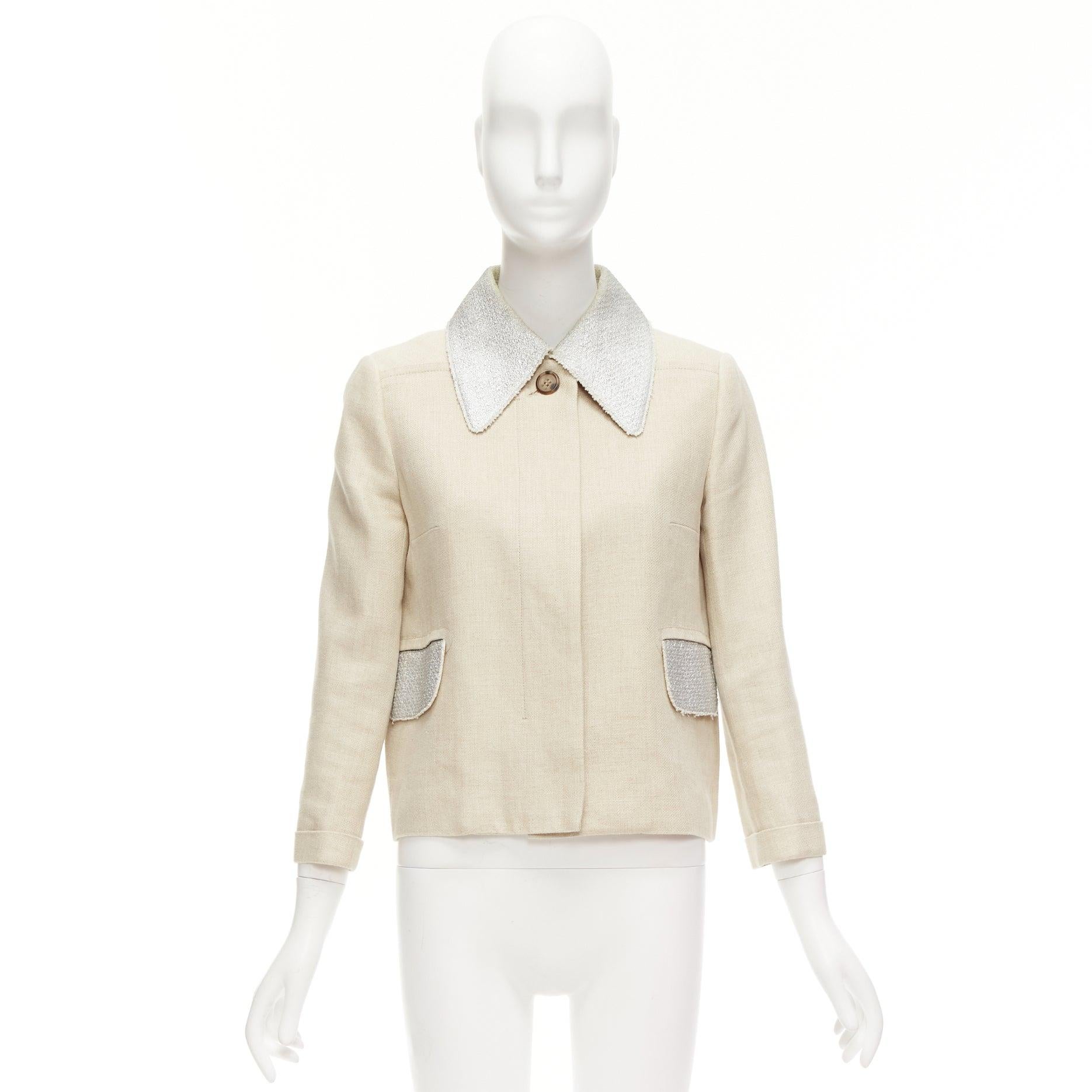 CARVEN beige linen cotton blend silver tweed collar button boxy jacket FR38 M For Sale 5