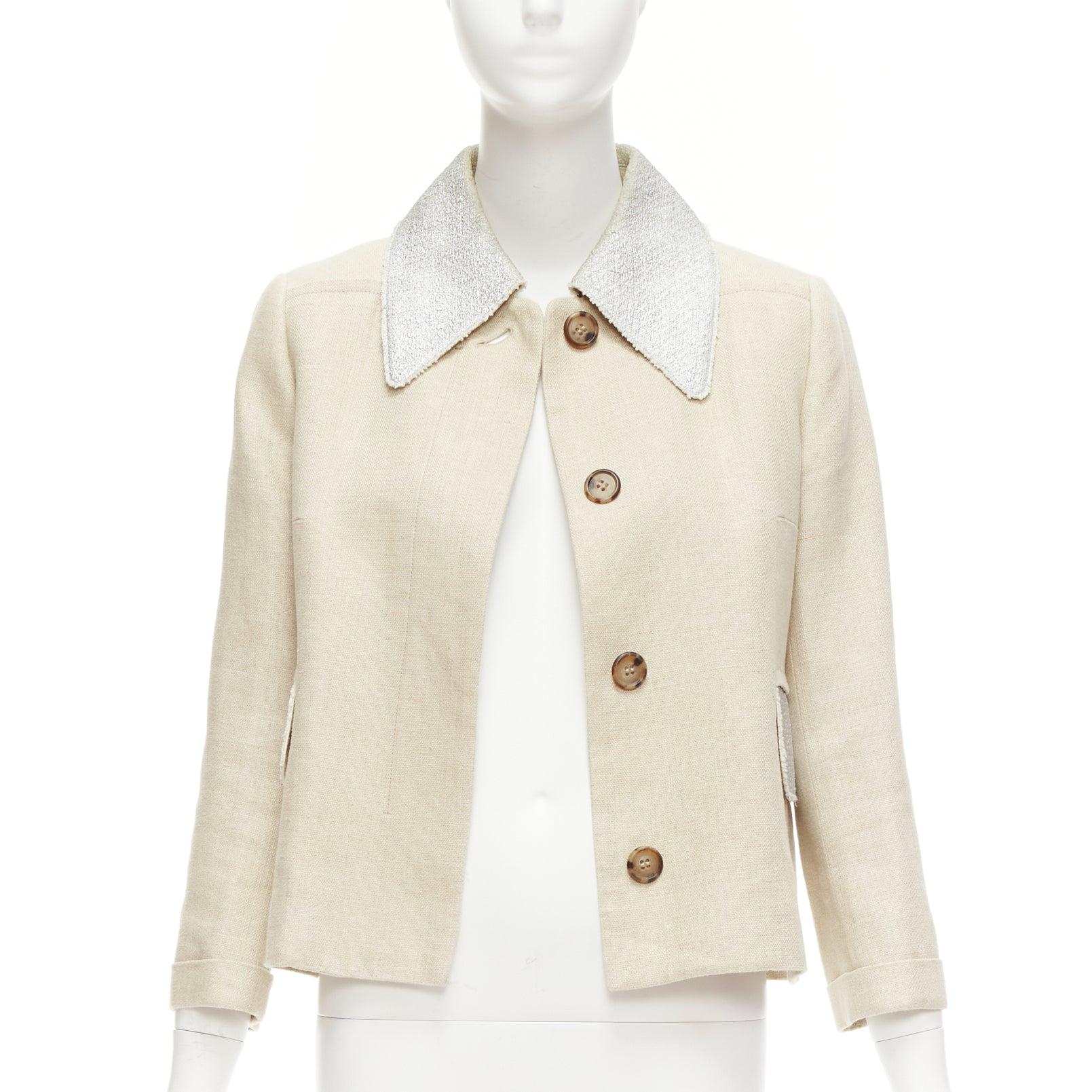 Beige CARVEN beige linen cotton blend silver tweed collar button boxy jacket FR38 M For Sale
