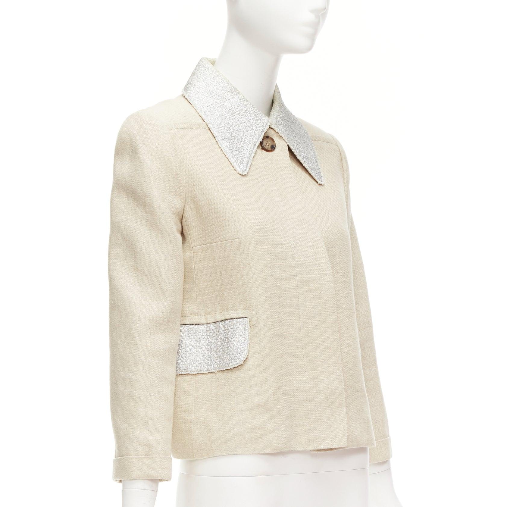 CARVEN beige linen cotton blend silver tweed collar button boxy jacket FR38 M In Good Condition For Sale In Hong Kong, NT