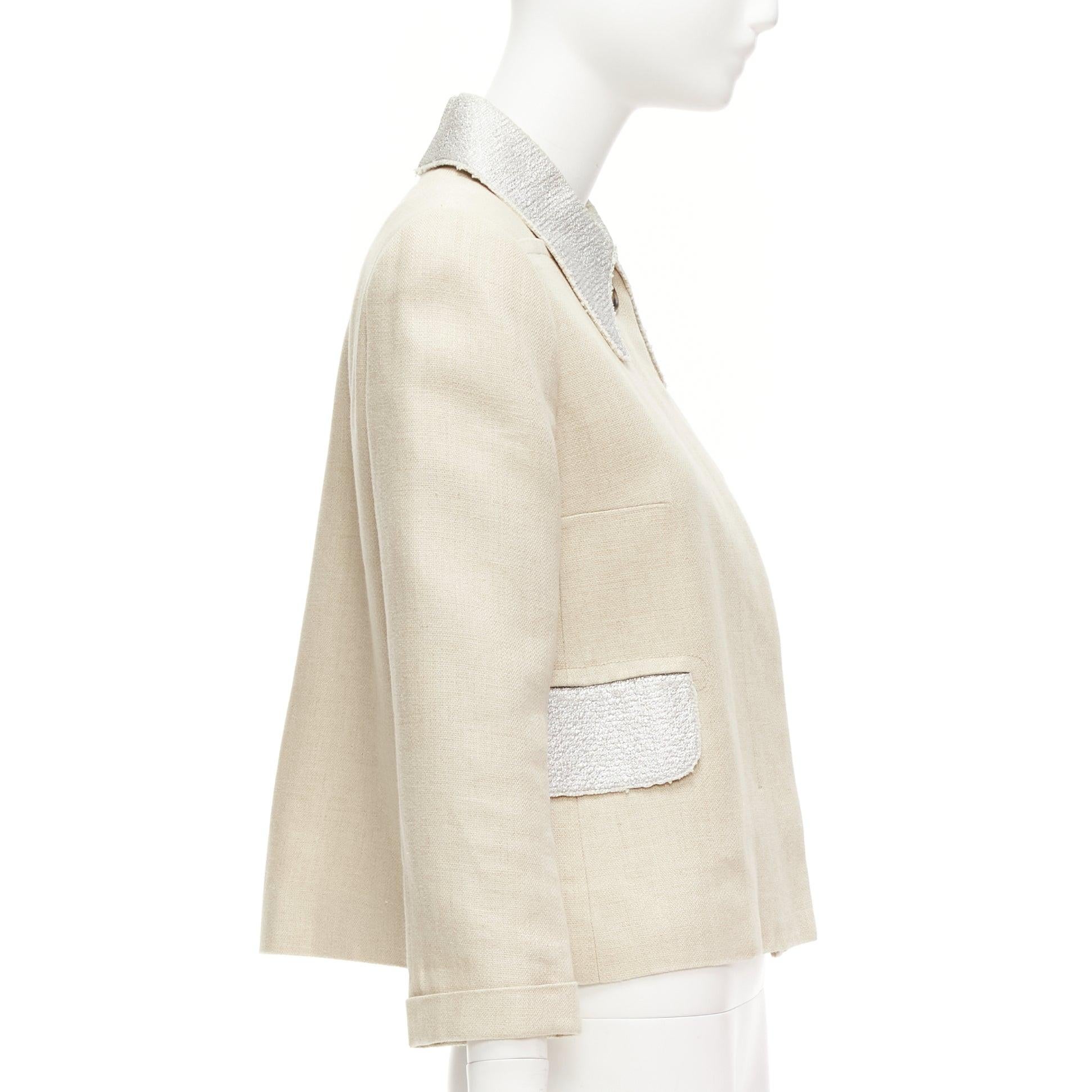 Women's CARVEN beige linen cotton blend silver tweed collar button boxy jacket FR38 M For Sale