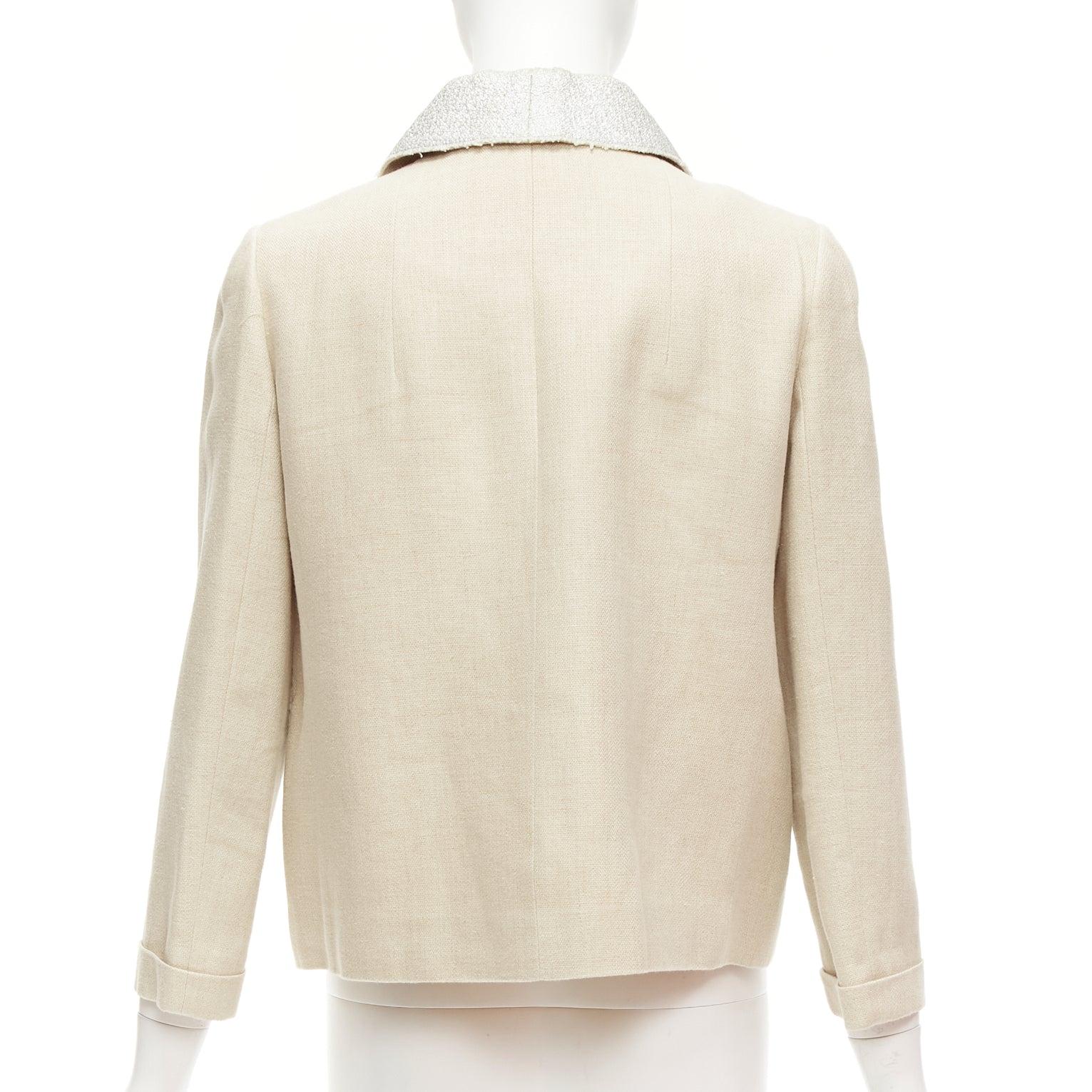 CARVEN beige linen cotton blend silver tweed collar button boxy jacket FR38 M For Sale 1