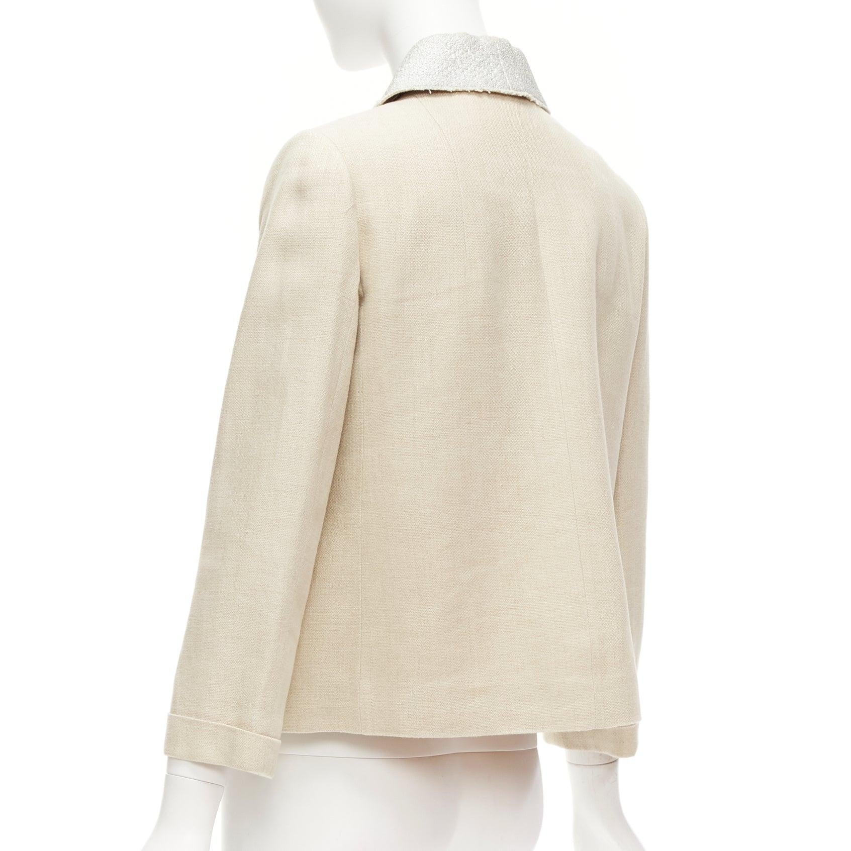 CARVEN beige linen cotton blend silver tweed collar button boxy jacket FR38 M For Sale 2