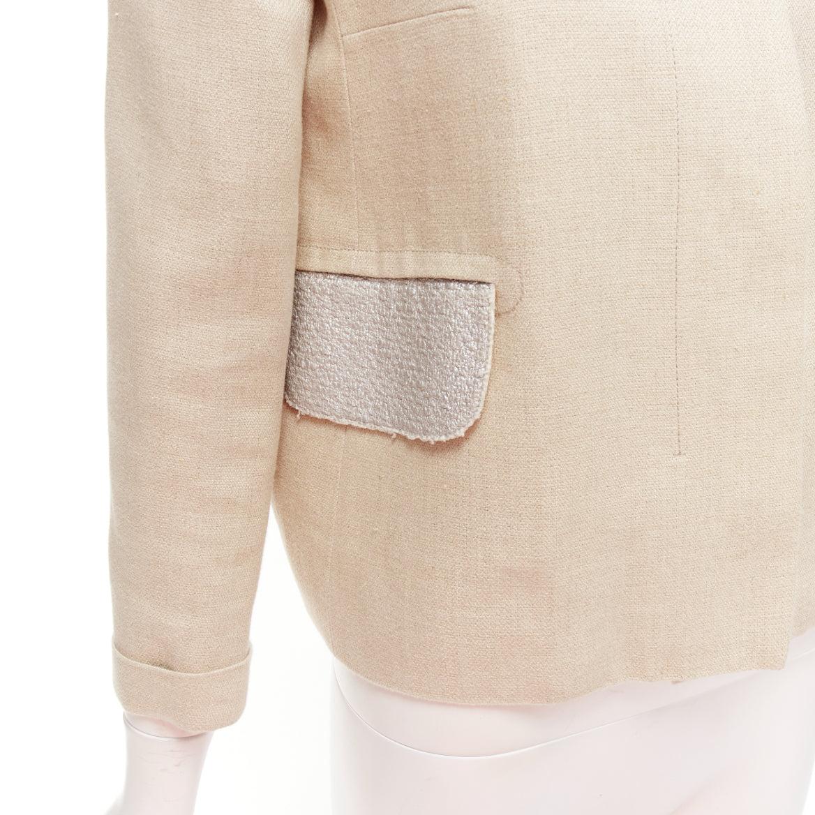 CARVEN beige linen cotton blend silver tweed collar button boxy jacket FR38 M For Sale 3