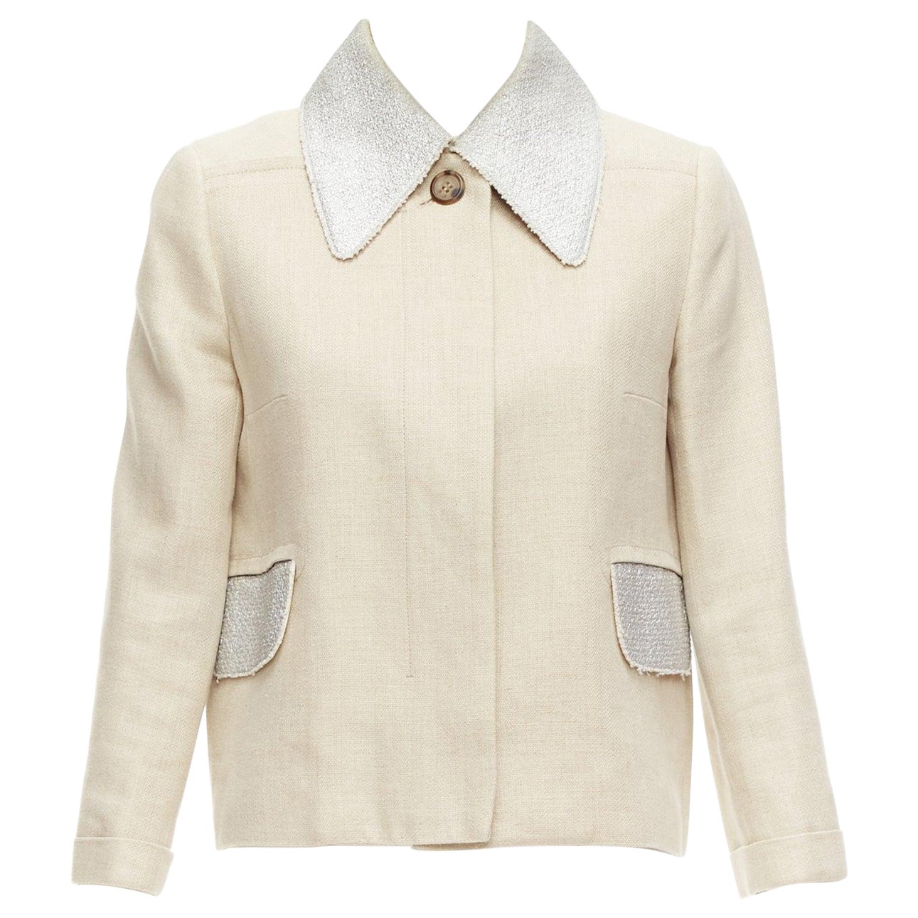 CARVEN beige linen cotton blend silver tweed collar button boxy jacket FR38 M