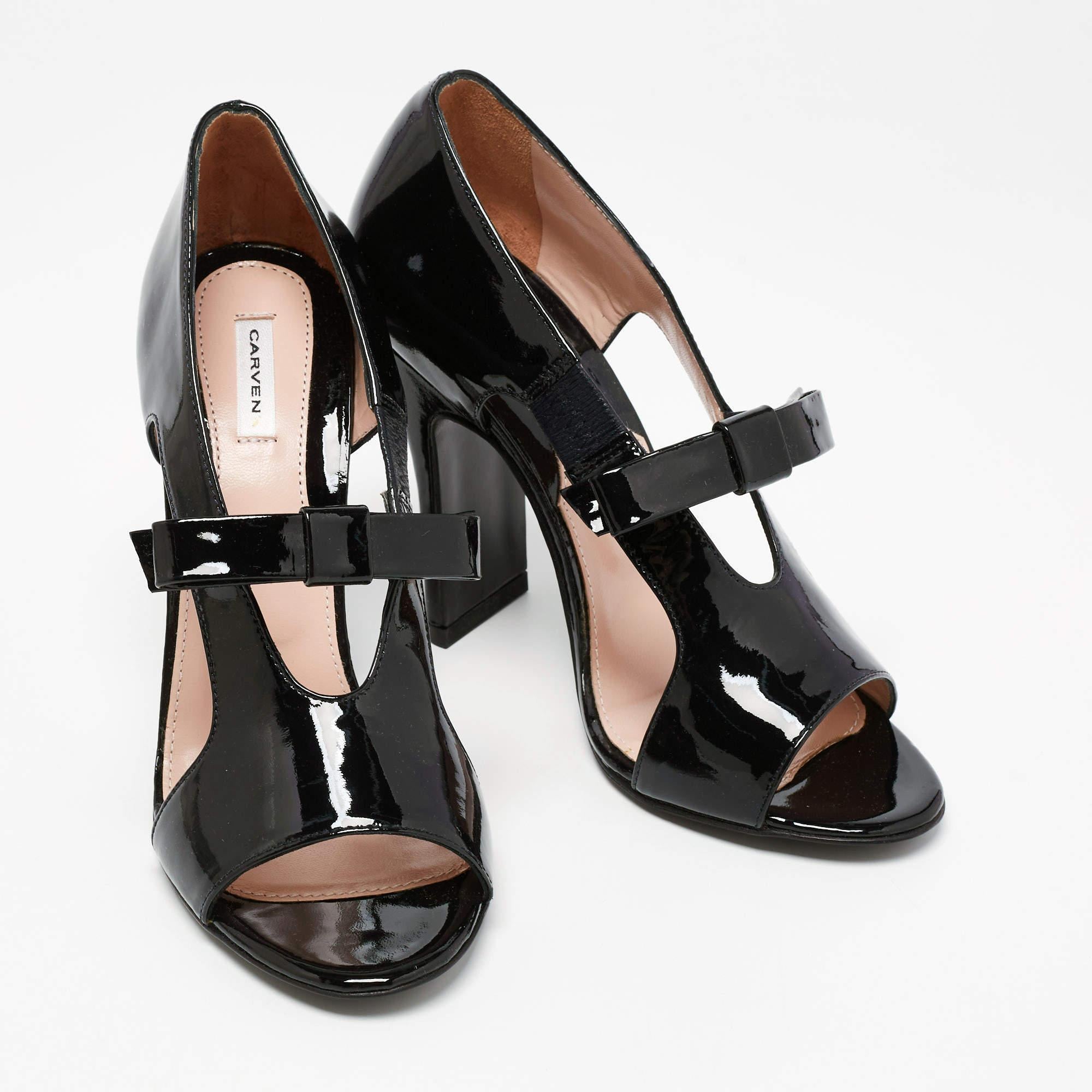 Carven Black Patent Leather Bow Cut Out Sandals Size 37 For Sale at 1stDibs