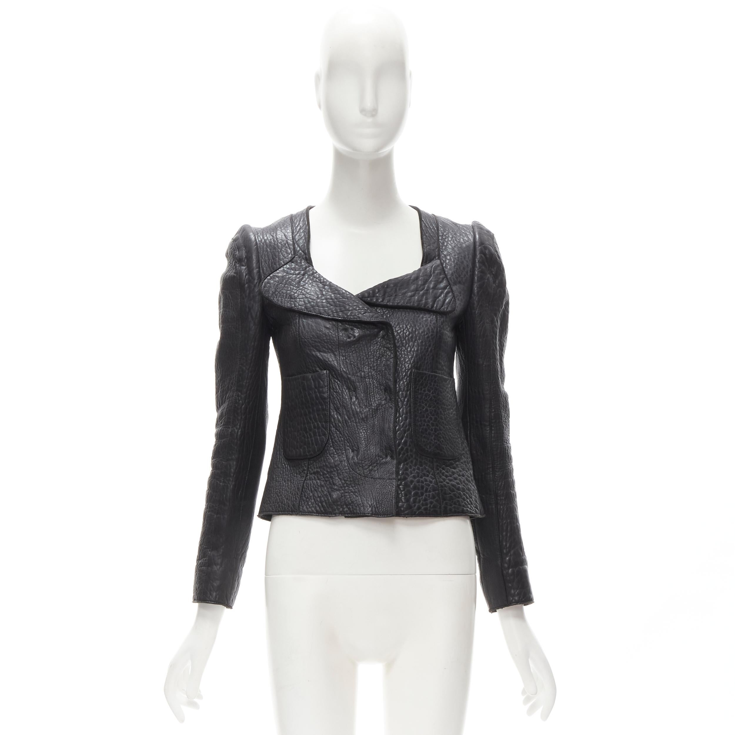 CARVEN black textured leather padded shoulder double breasted blazer IT38 XS 5