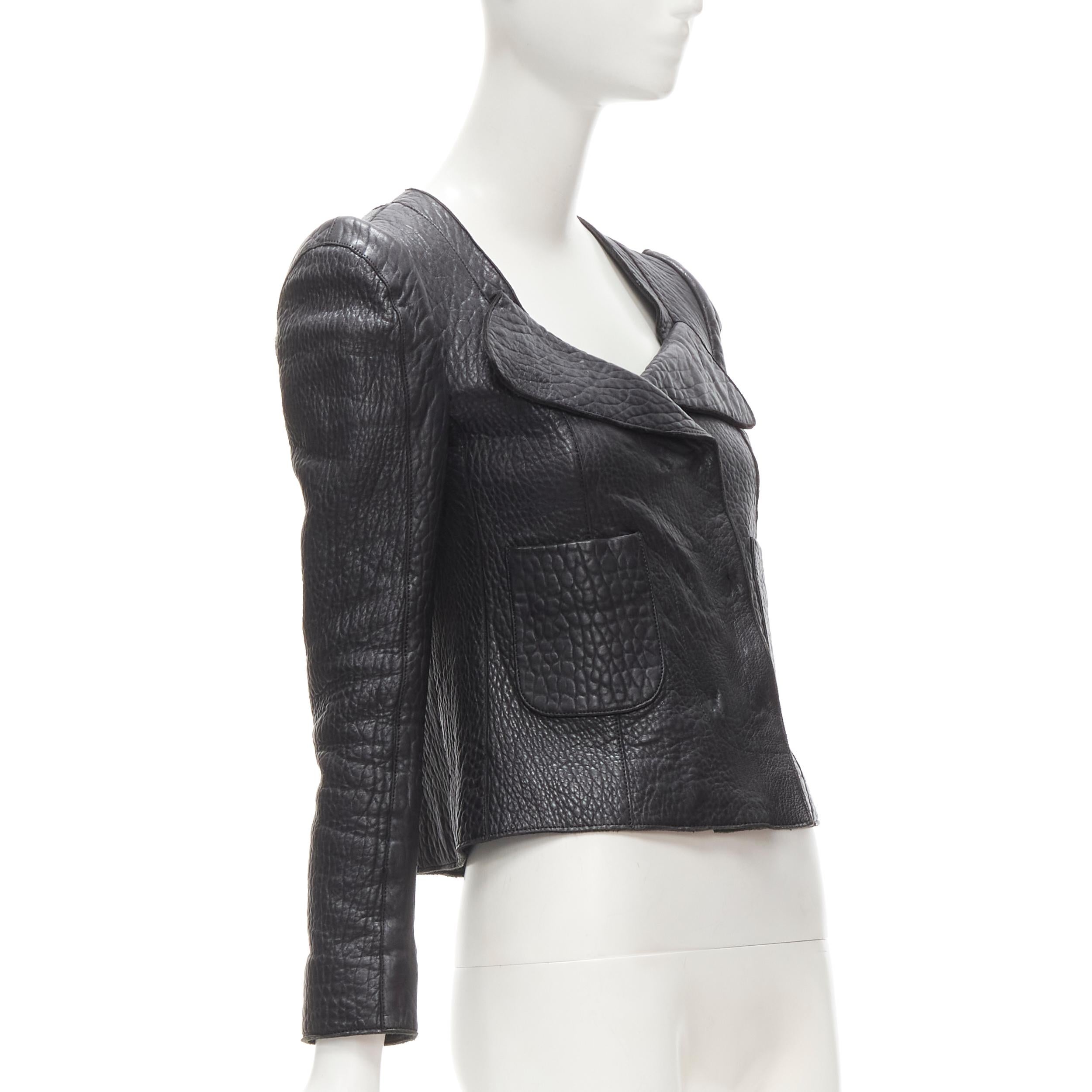 CARVEN black textured leather padded shoulder double breasted blazer IT38 XS In Excellent Condition In Hong Kong, NT