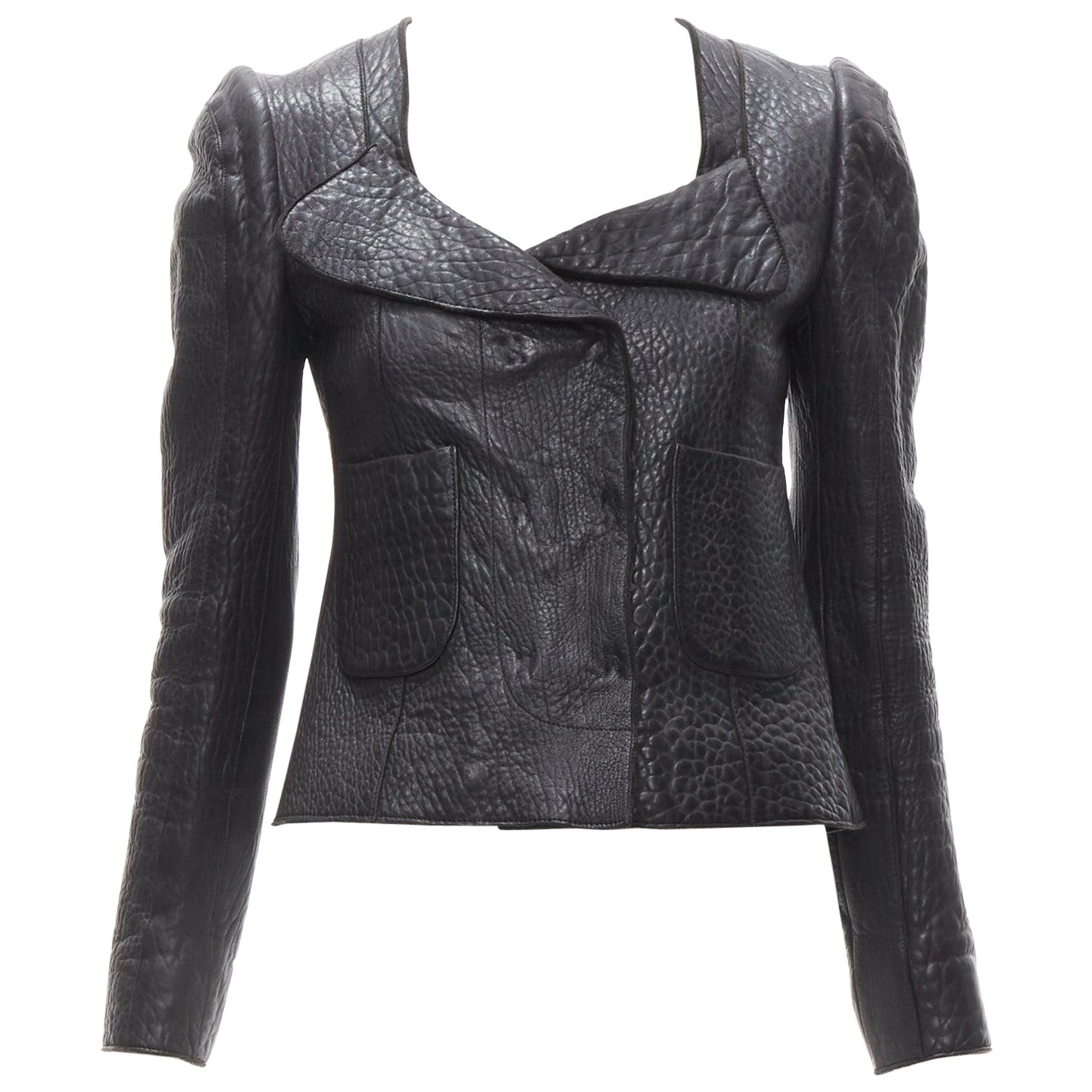 CARVEN black textured leather padded shoulder double breasted blazer IT38 XS