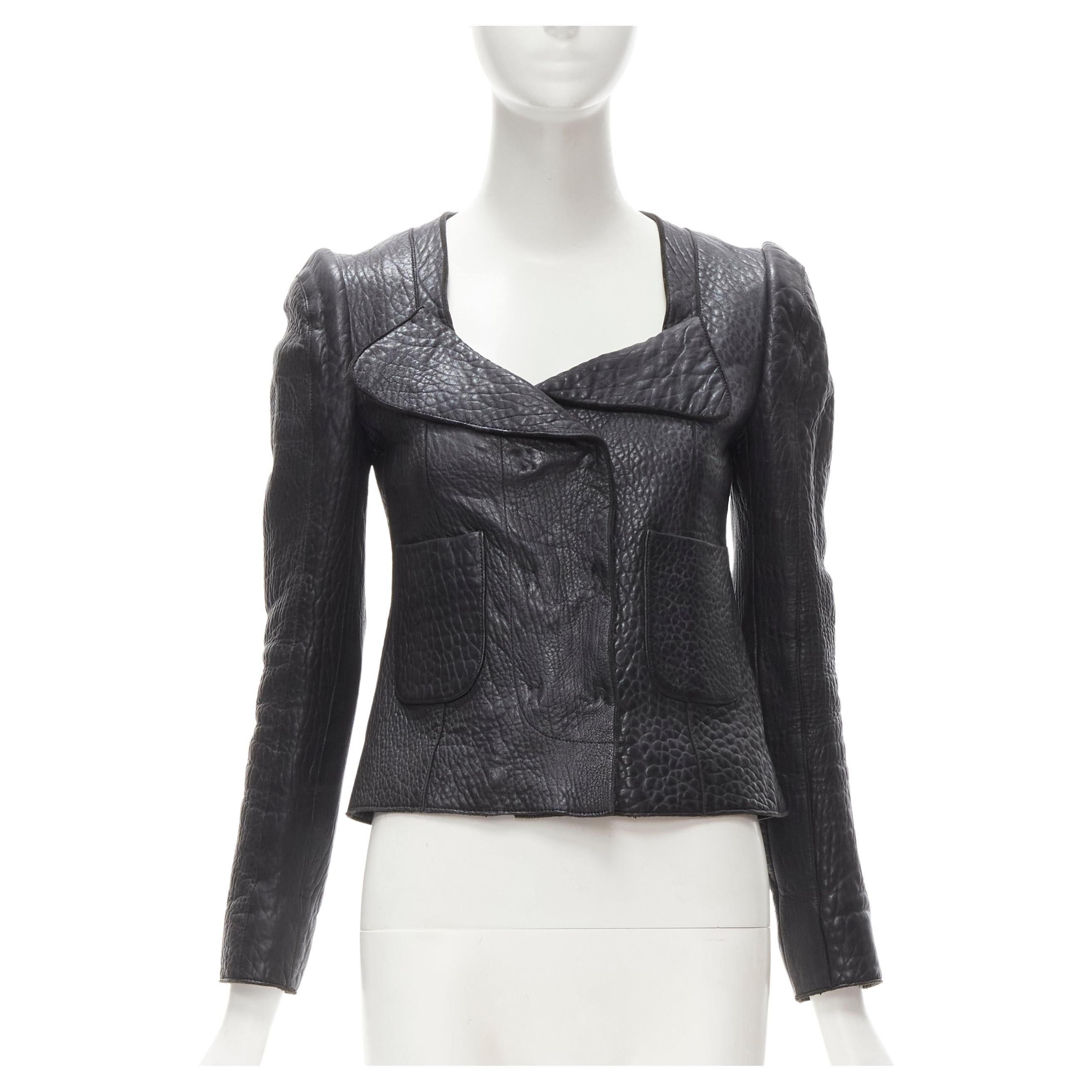 CARVEN black textured leather padded shoulder double breasted blazer IT38  XS For Sale at 1stDibs