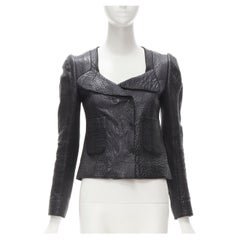 CARVEN black textured leather padded shoulder double breasted blazer IT38 XS