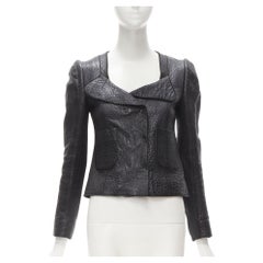 CARVEN black textured leather padded shoulder double breasted blazer IT38 XS
