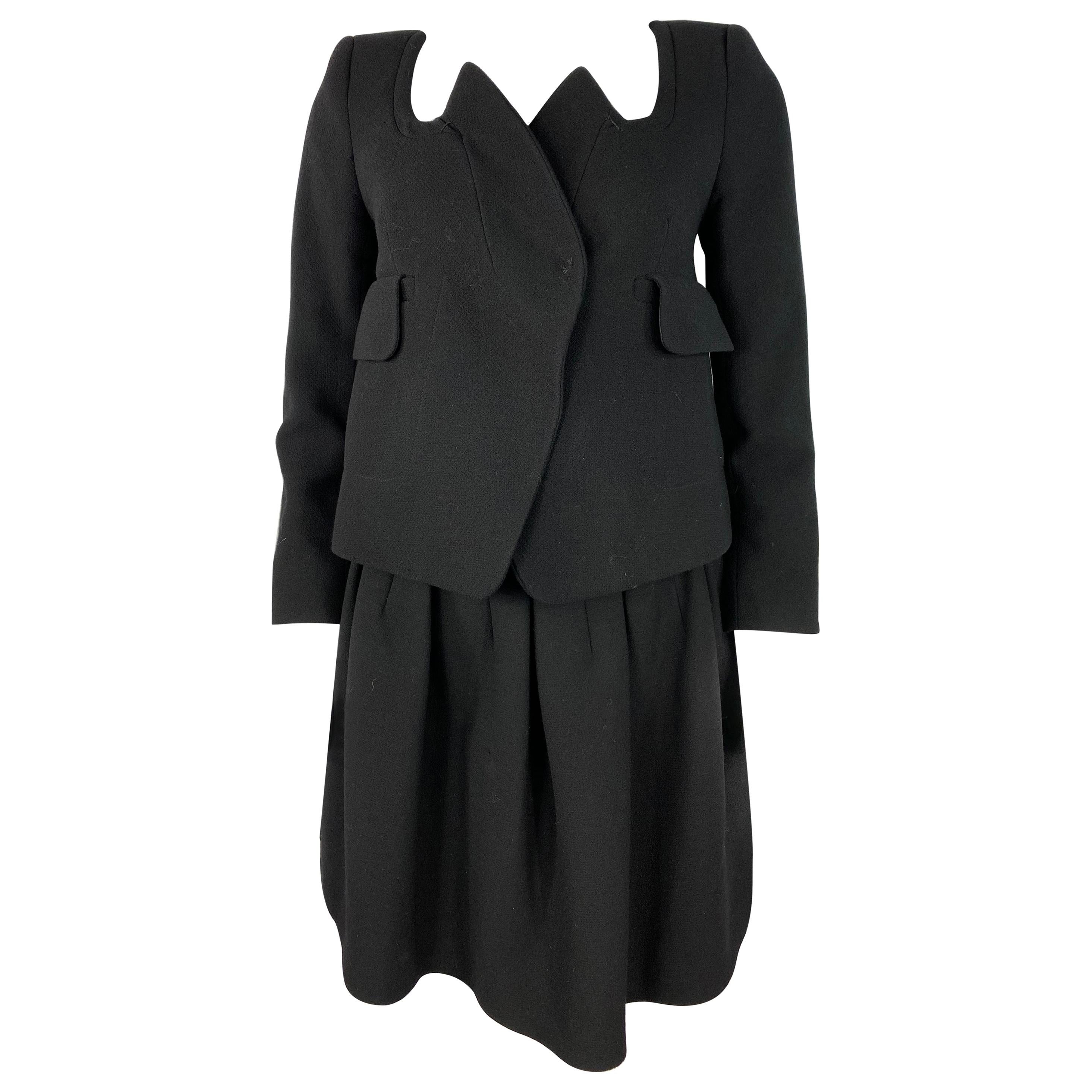 Carven Black Wool Blazer Jacket and Flare Mini Skirt Set, Size 38