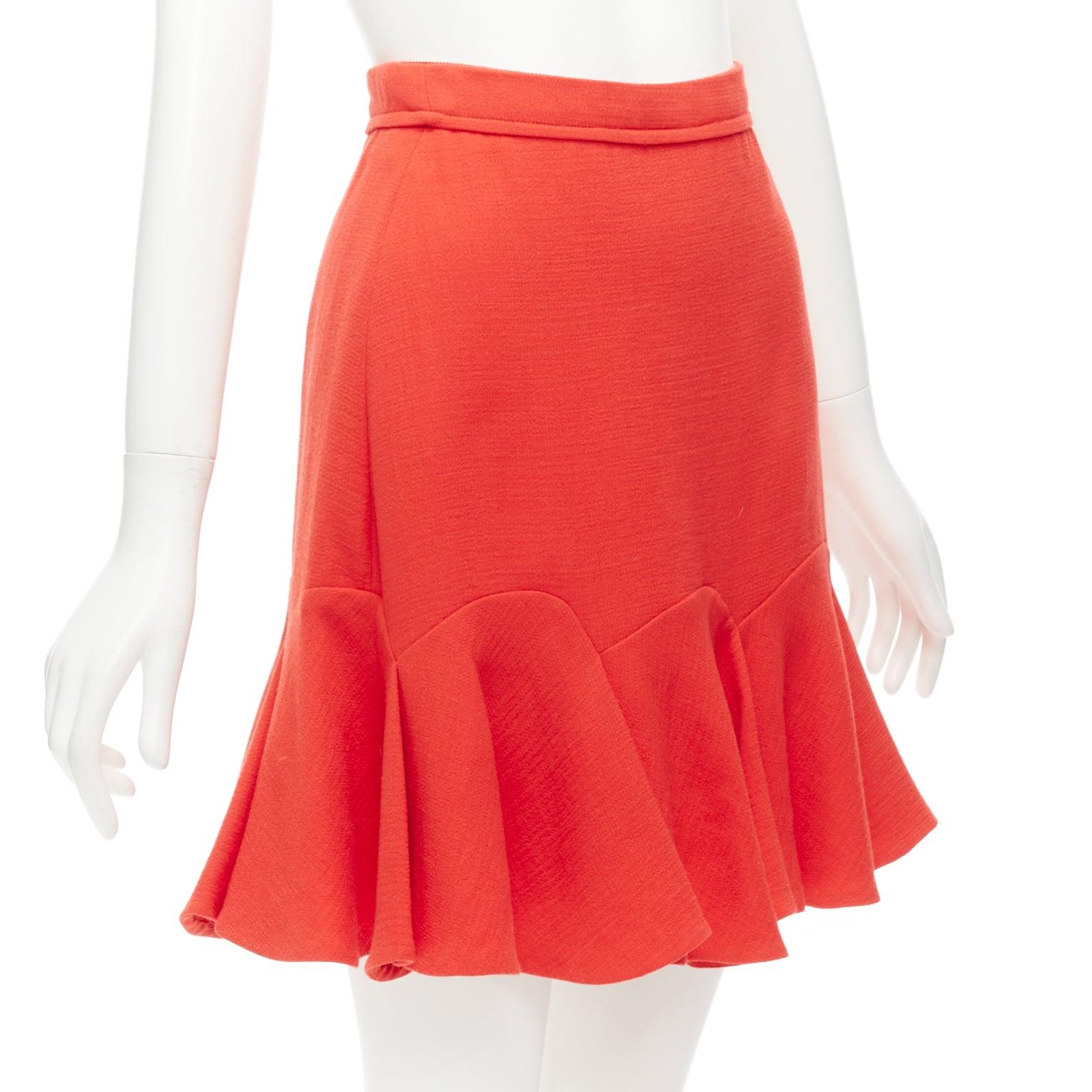 Red CARVEN coral orange viscose virgin wool frill hem mini skirt IT38 XS For Sale