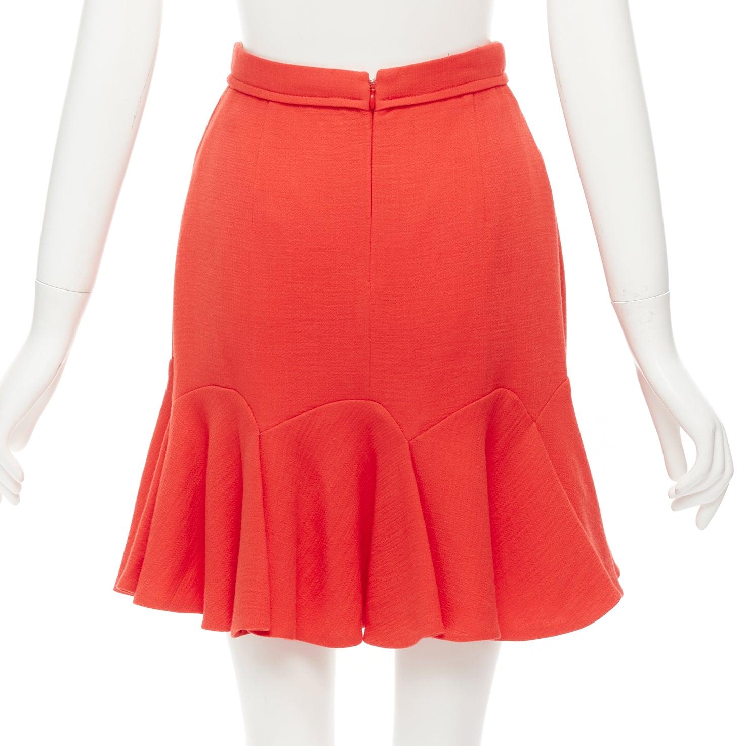Women's CARVEN coral orange viscose virgin wool frill hem mini skirt IT38 XS For Sale