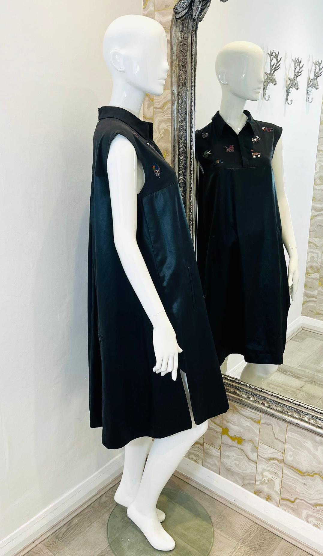Black Carven Embroidered Silk & Cotton Dress For Sale