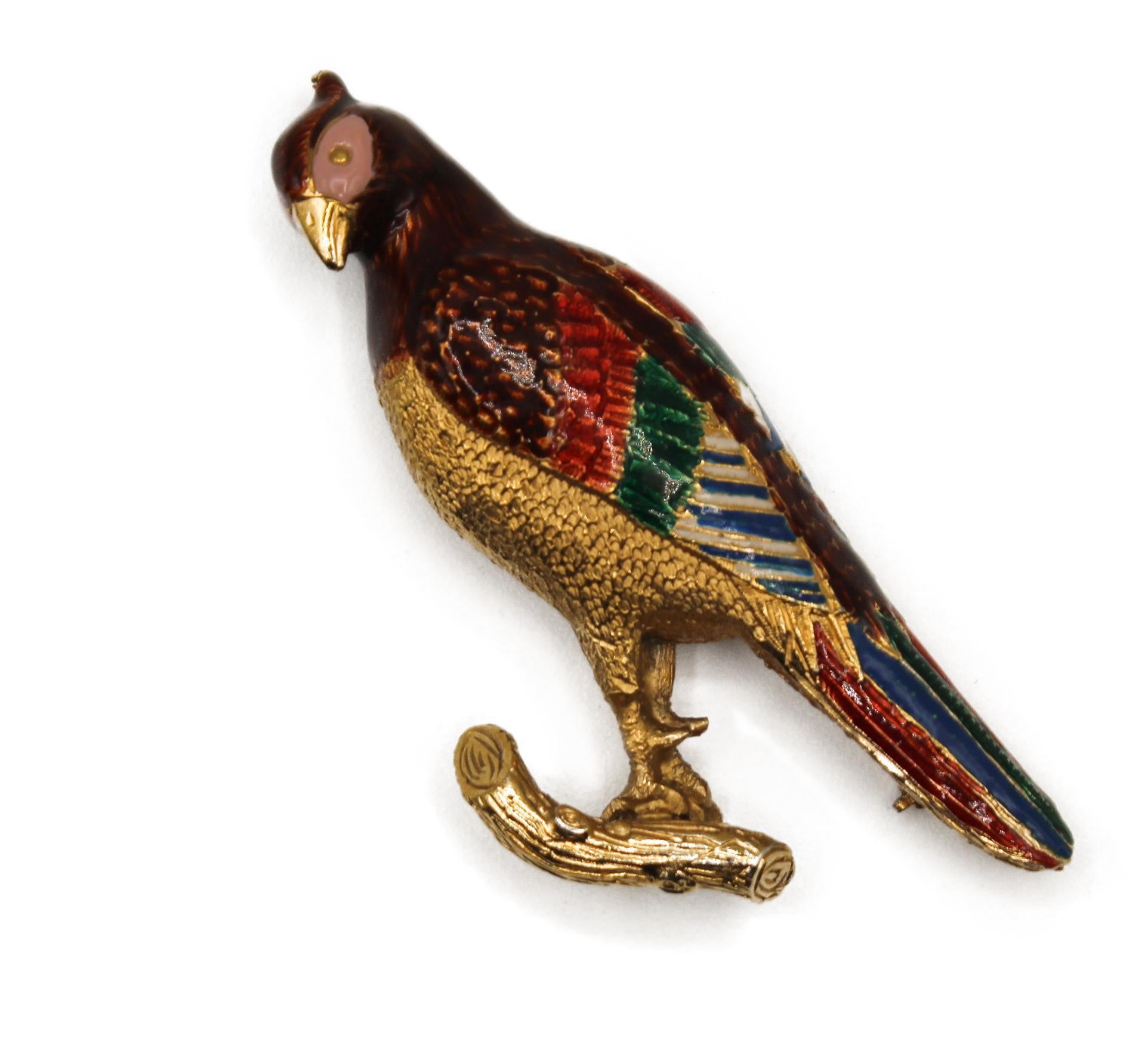 Women's Carven Enamel Vintage Bird Brooch in Gold Plated Metal