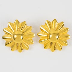 Carven Gilt Metal Clip Earrings Carved Sun