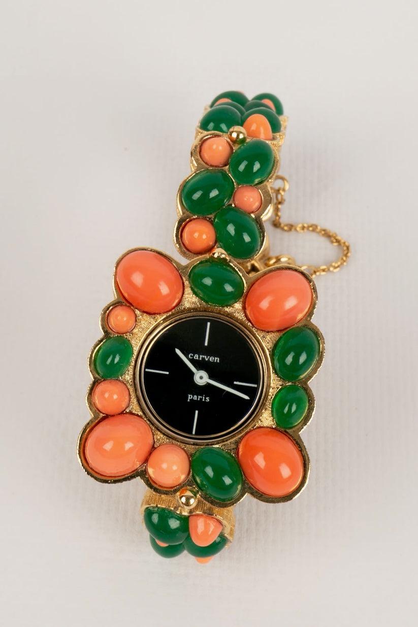 Women's Carven Golden Metal Watch Paved with Glass Paste Cabochons, 1960s For Sale