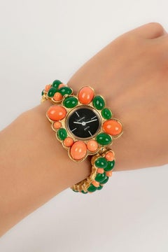 Carven Golden Metal Watch Paved with Glass Paste Cabochons, 1960s