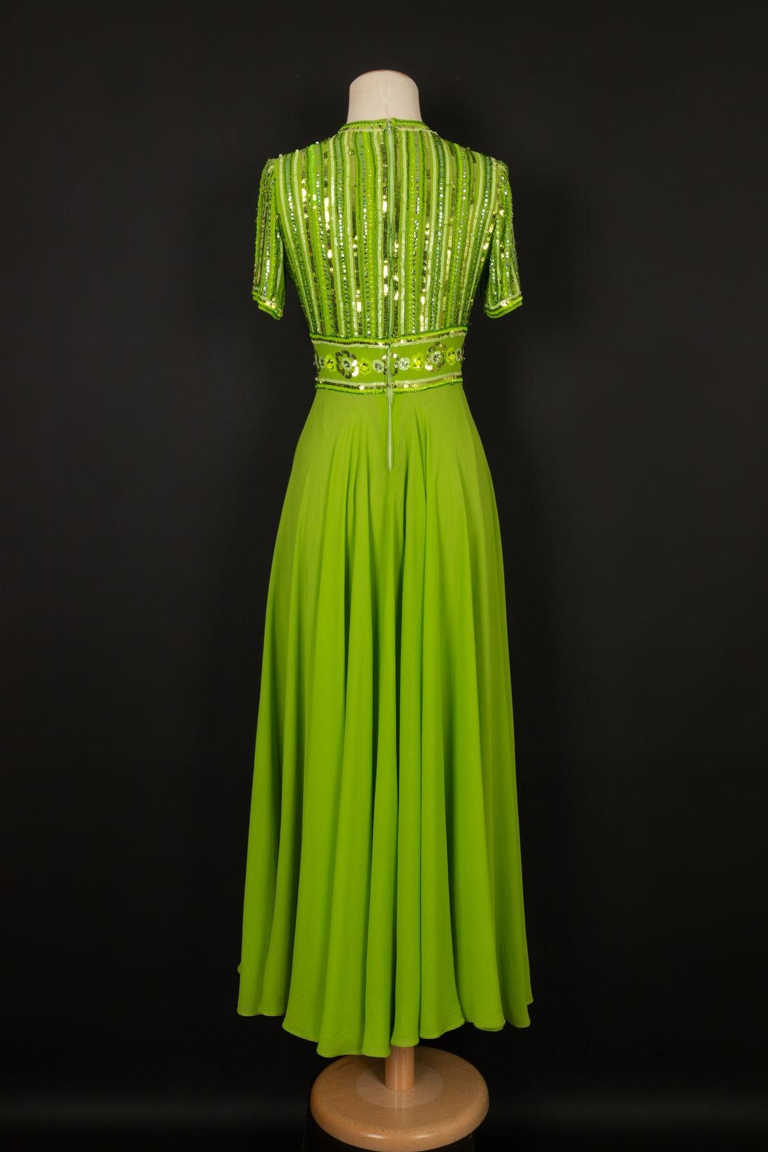 Women's Carven Green Silk Crepe Dress Embroidered with Costume Pearls and Sequins For Sale
