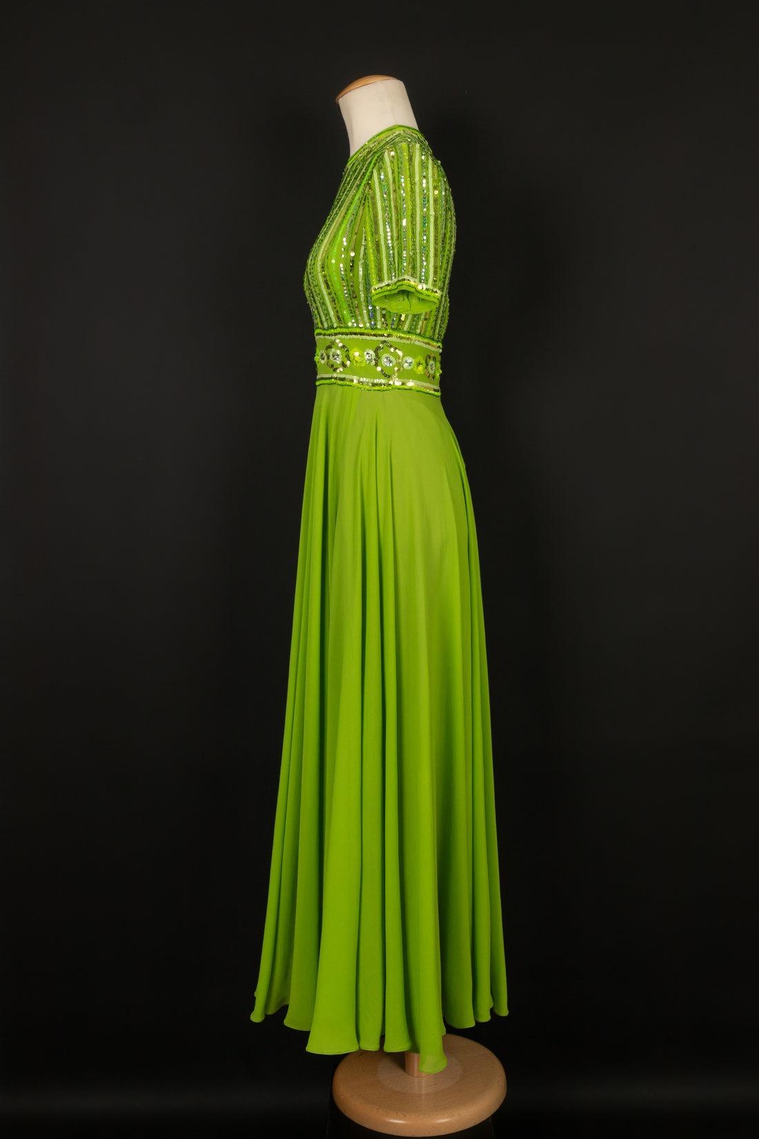 Carven Green Silk Crepe Dress Embroidered with Costume Pearls and Sequins For Sale 1