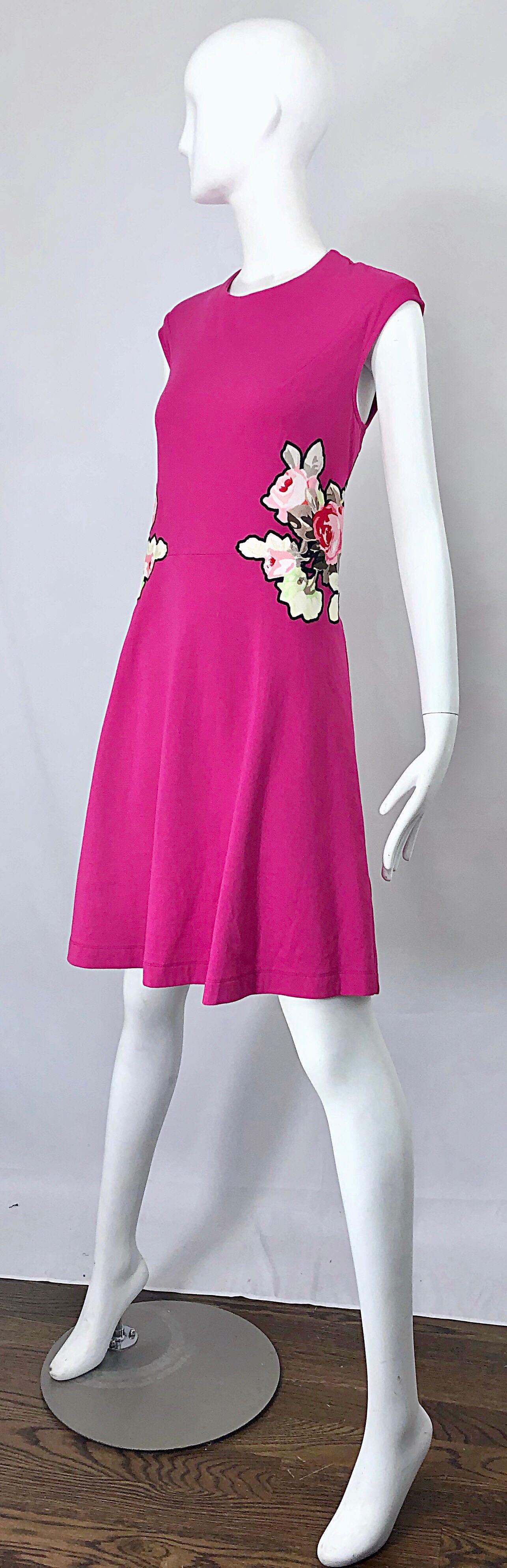 Carven Hot Pink Bouquet of Roses Sleeveless Cotton A - Line Dress Size Medium For Sale 5