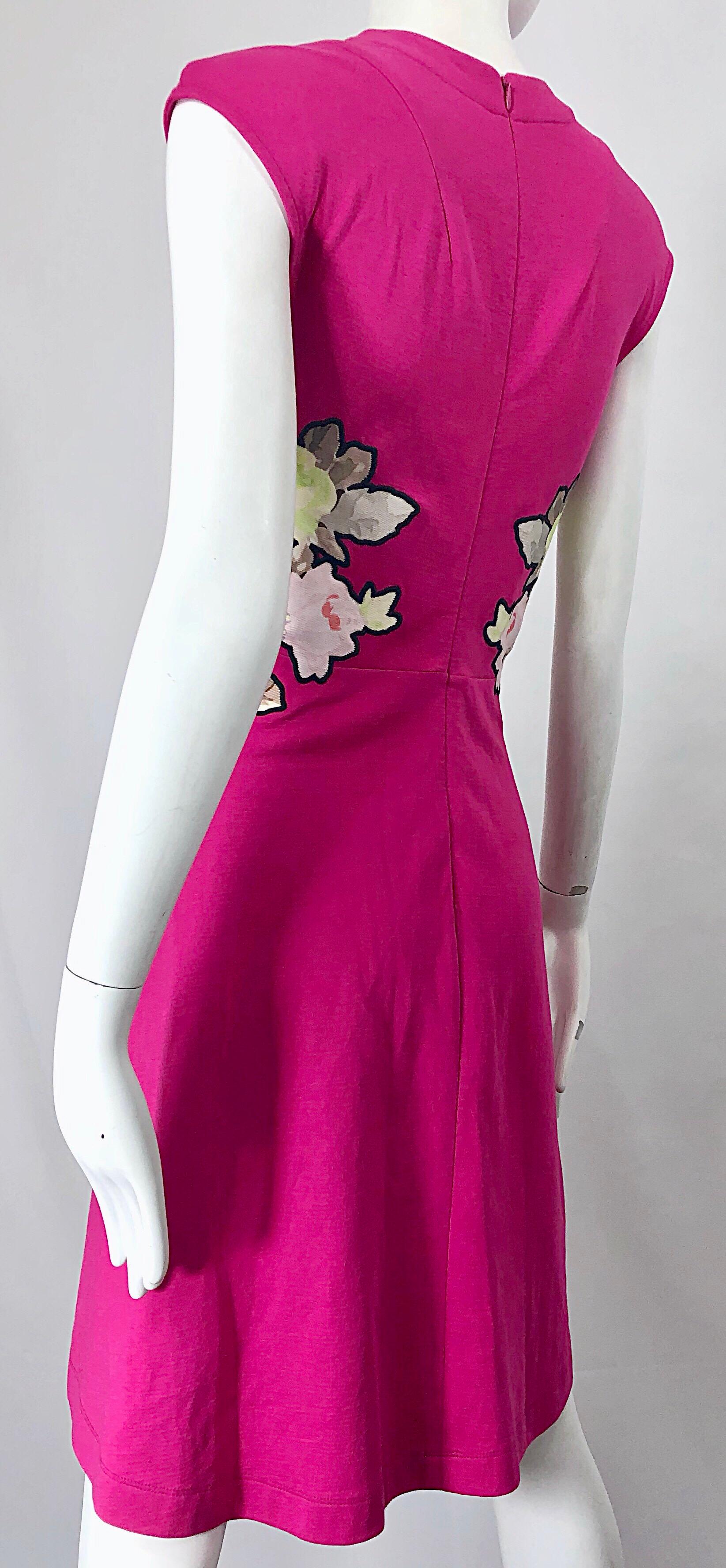 Carven Hot Pink Bouquet of Roses Sleeveless Cotton A - Line Dress Size Medium For Sale 6