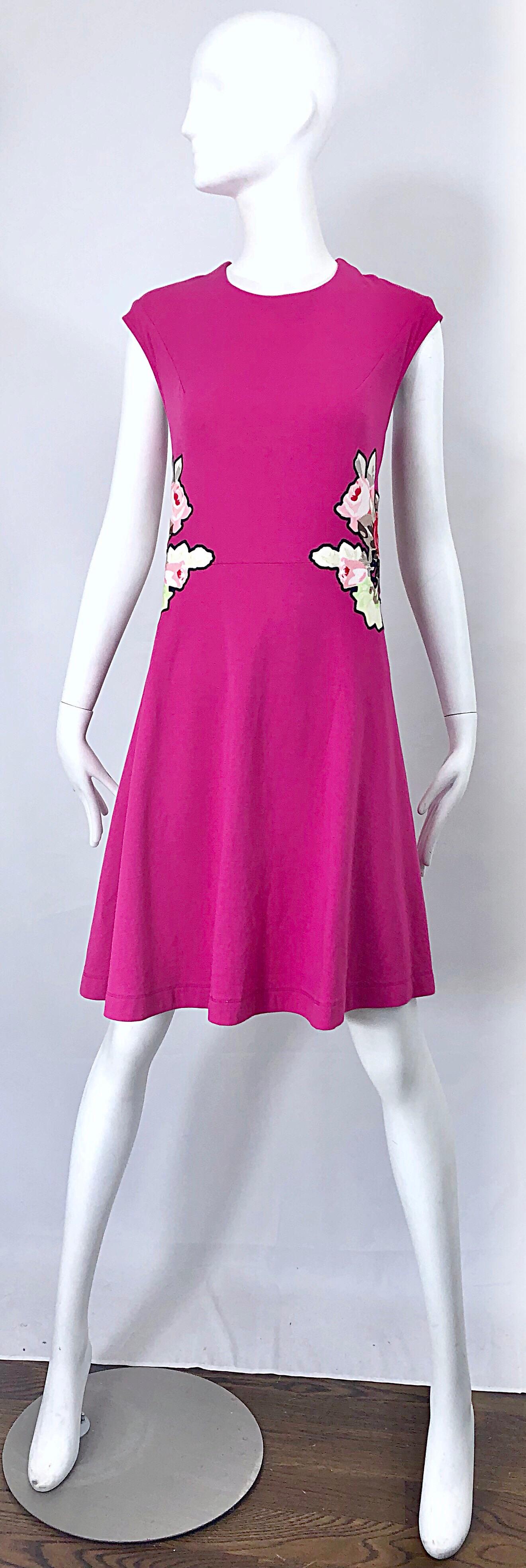 Carven Hot Pink Bouquet of Roses Sleeveless Cotton A - Line Dress Size Medium For Sale 7