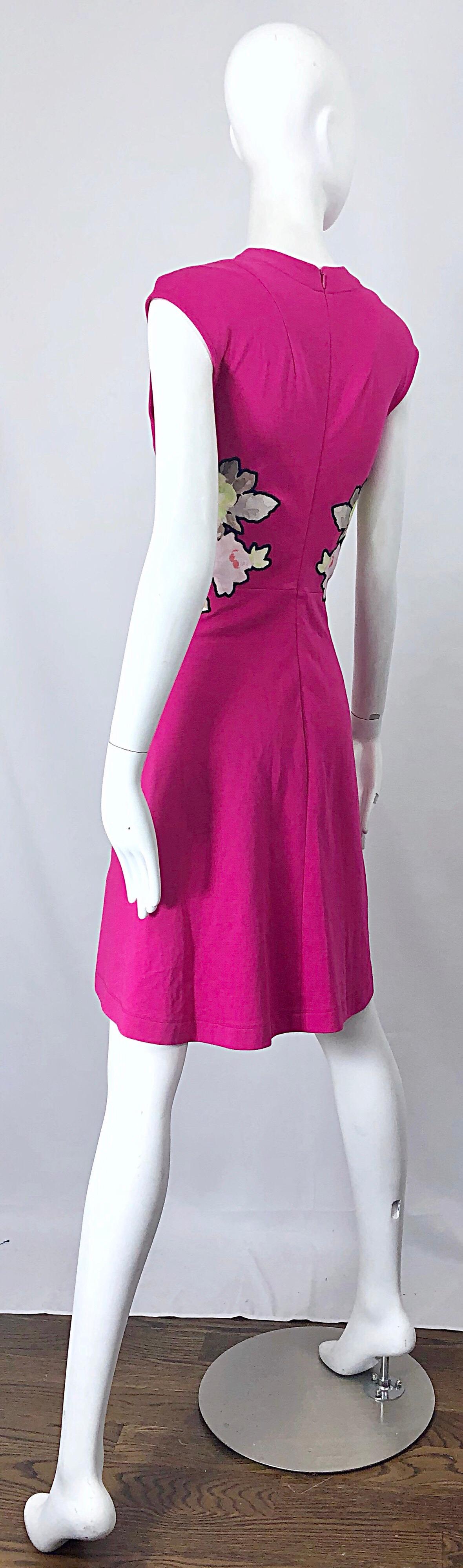 Carven Hot Pink Bouquet of Roses Sleeveless Cotton A - Line Dress Size Medium For Sale 2