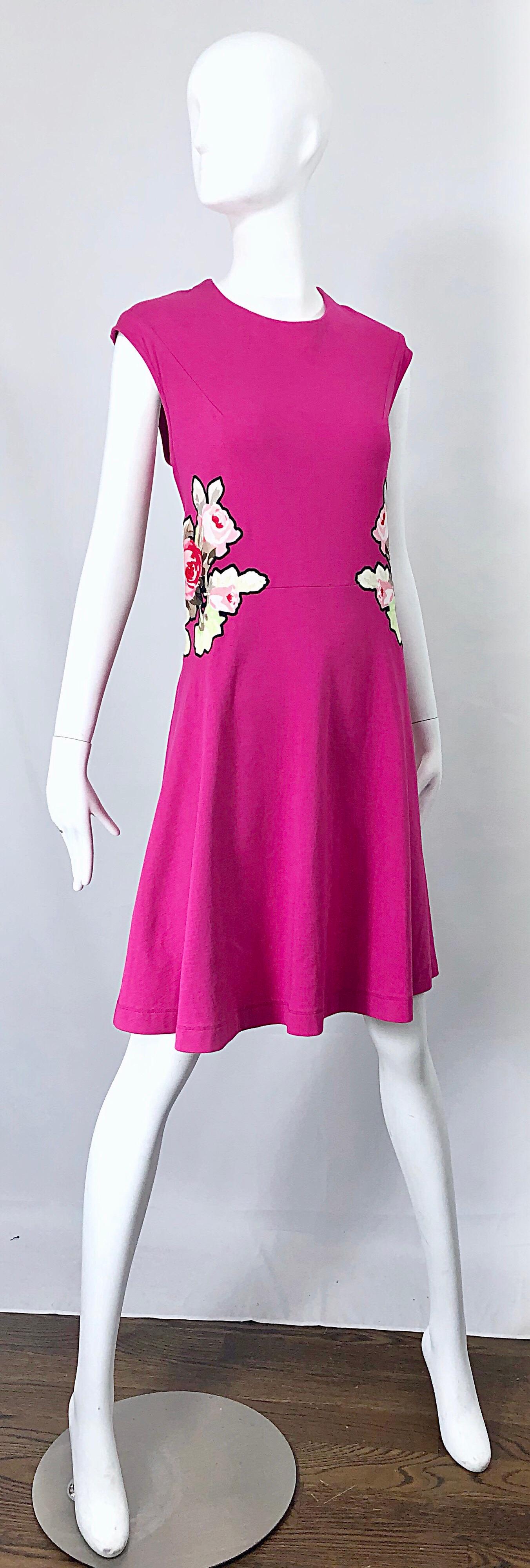 Carven Hot Pink Bouquet of Roses Sleeveless Cotton A - Line Dress Size Medium For Sale 3