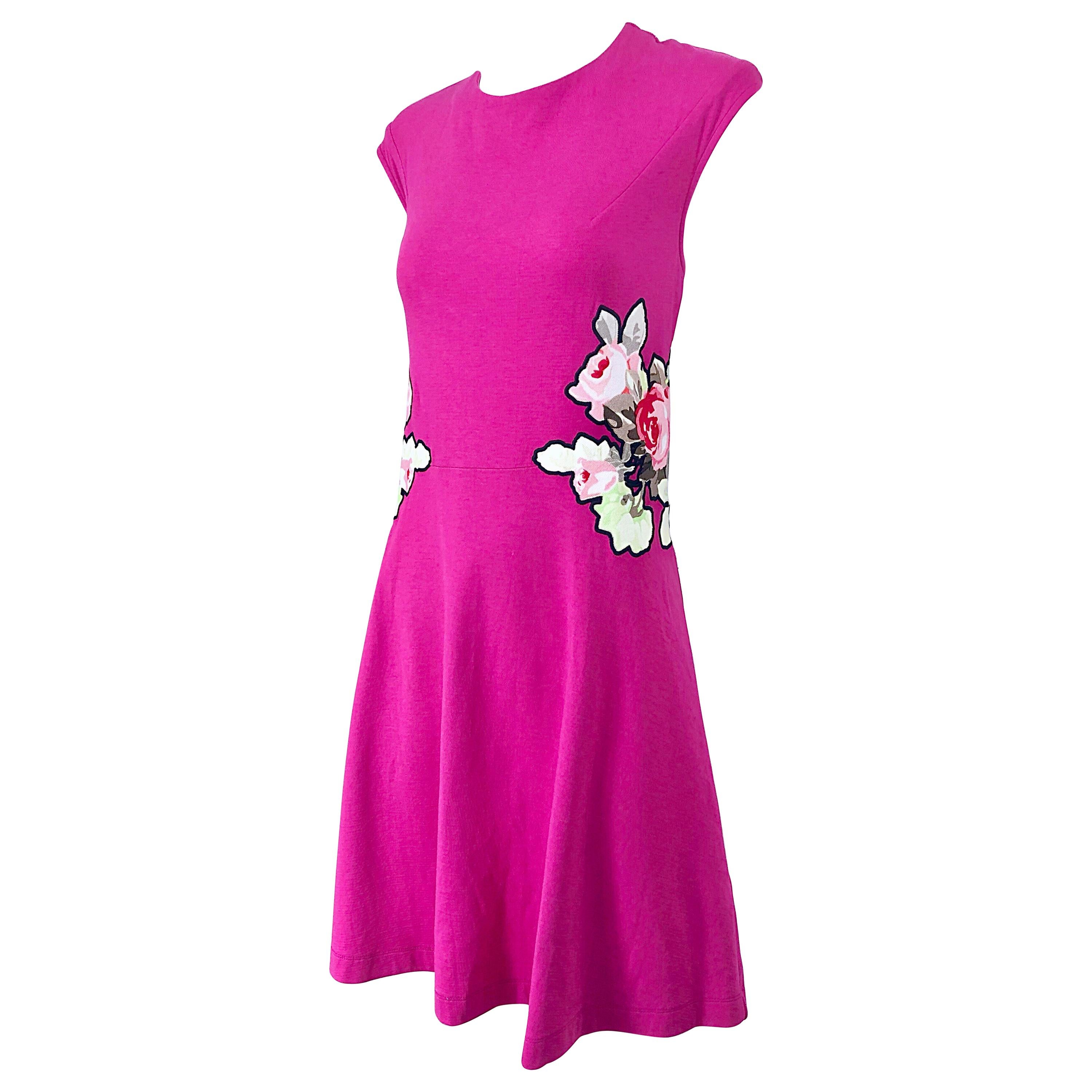 Carven Hot Pink Bouquet of Roses Sleeveless Cotton A - Line Dress Size Medium