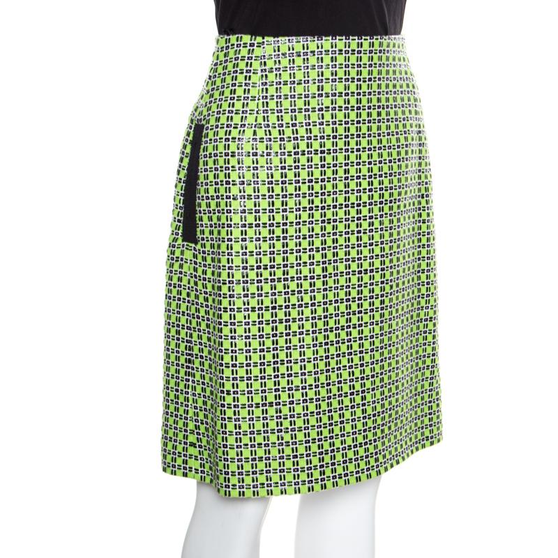 Carven Kiwi Green Textured Checkered Pencil Skirt S In Good Condition In Dubai, Al Qouz 2