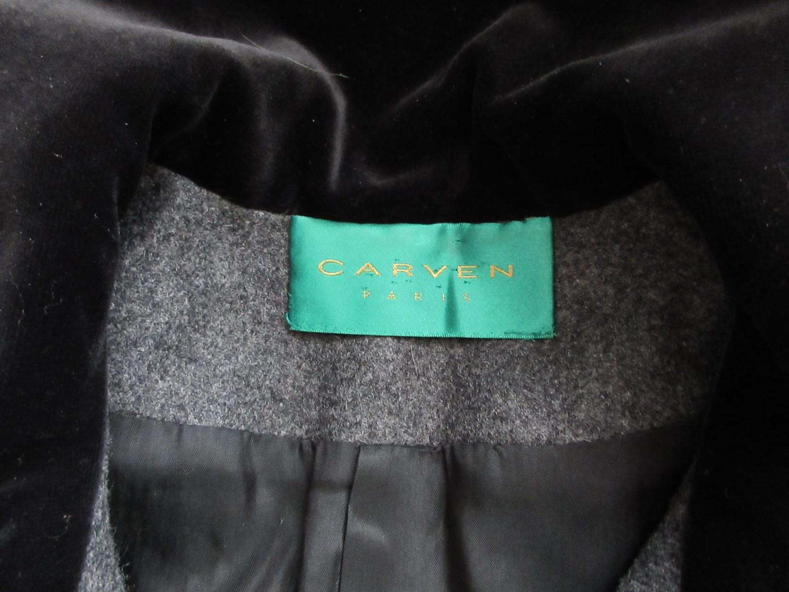 Carven Paris Grey Wool black Velvet Coat  For Sale 1